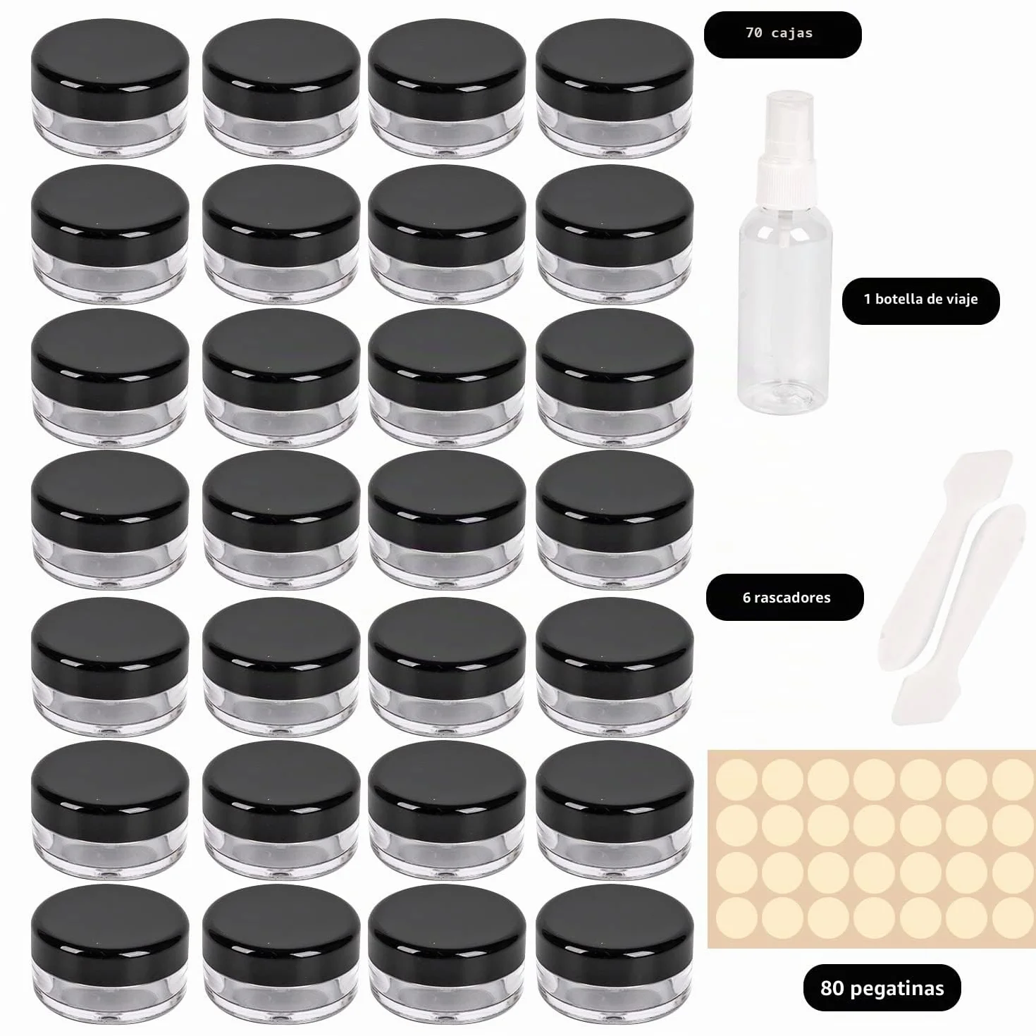 70 Piezas Botes Pequeños de Plástico 5g, Tarro 5 ml, Bálsamo Labial Cajita 5 ml, Contenedor de Cosméticos, Recipientes Vacíos Redondos con Tapa, Negro