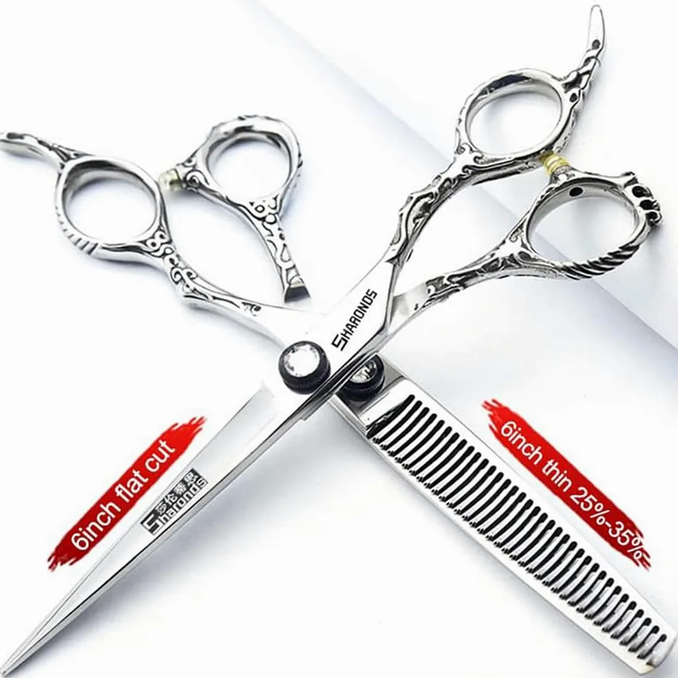 6/6.5/7 pulgadas tijeras de peluquería 440c alta dureza patrón fino profesional salón peluquería corte de pelo y adelgazamiento peinado poda herramienta (6 pulgadas 2 piezas set)