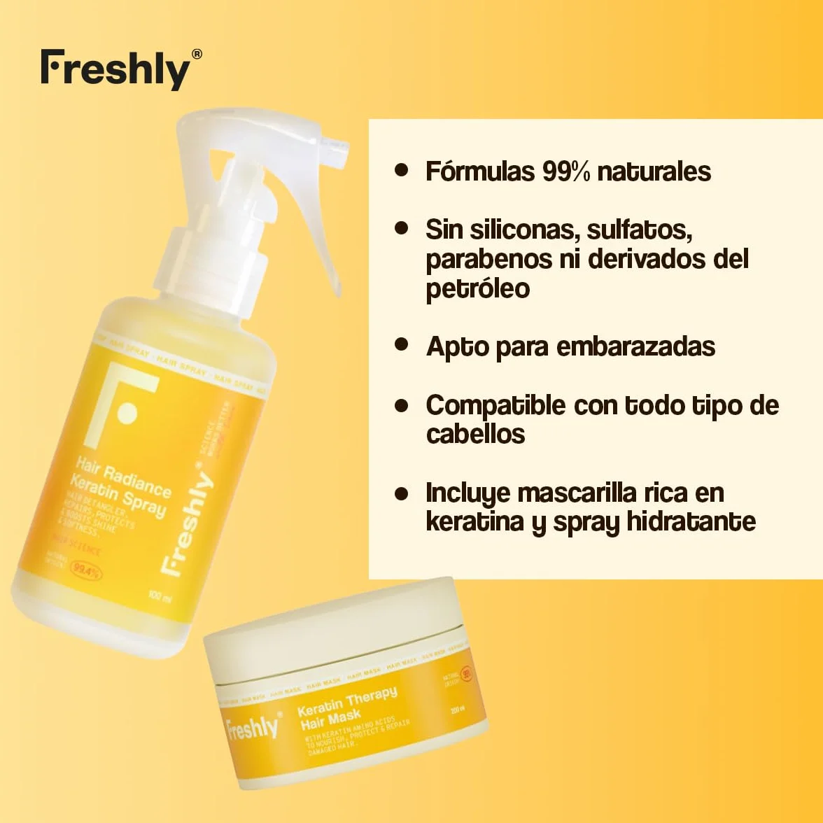 Freshly Keratin Strength & Repair Pack Rutina Capilar Natural para Pelo Dañado Mascarilla Reparadora + Spray Desenredante Keratina Vegana Biomimética 99% Natural