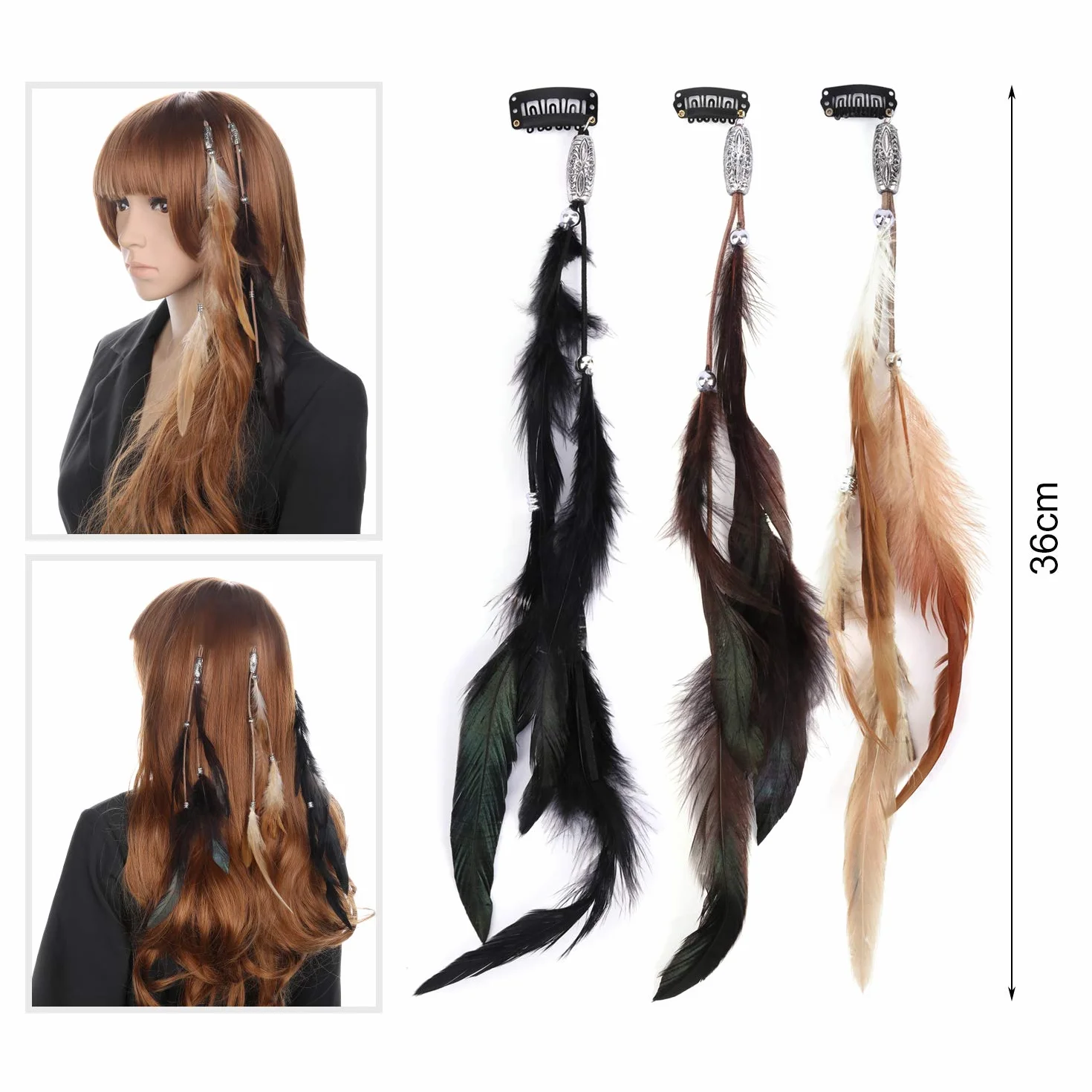 Accesorios para Cabello Pluma con Pinzas Juego de 6, Tocado Bohemio Indio, Extensiones de Cabello para Mujer Cosplay Halloween