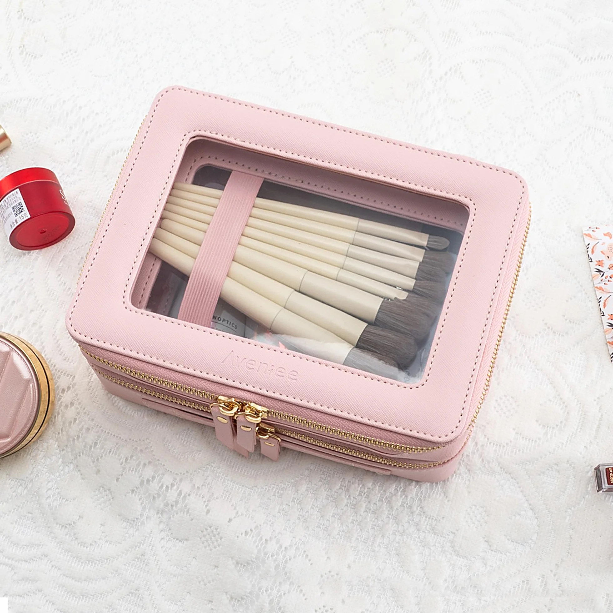 Aveniee Bolsas de maquillaje transparentes, neceseres de doble capa con compartimento separado para brochas, neceser de viaje para mujer, organizador de accesorios de viaje para bolso (2 capas, grande