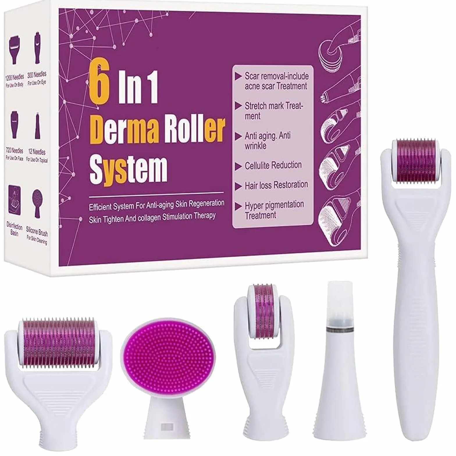 Derma Roller 6 en 1 Microneedle Roller 0.5mm+1mm+1.5mm para Cara y Cuerpo Microneedling Anti-Edad
