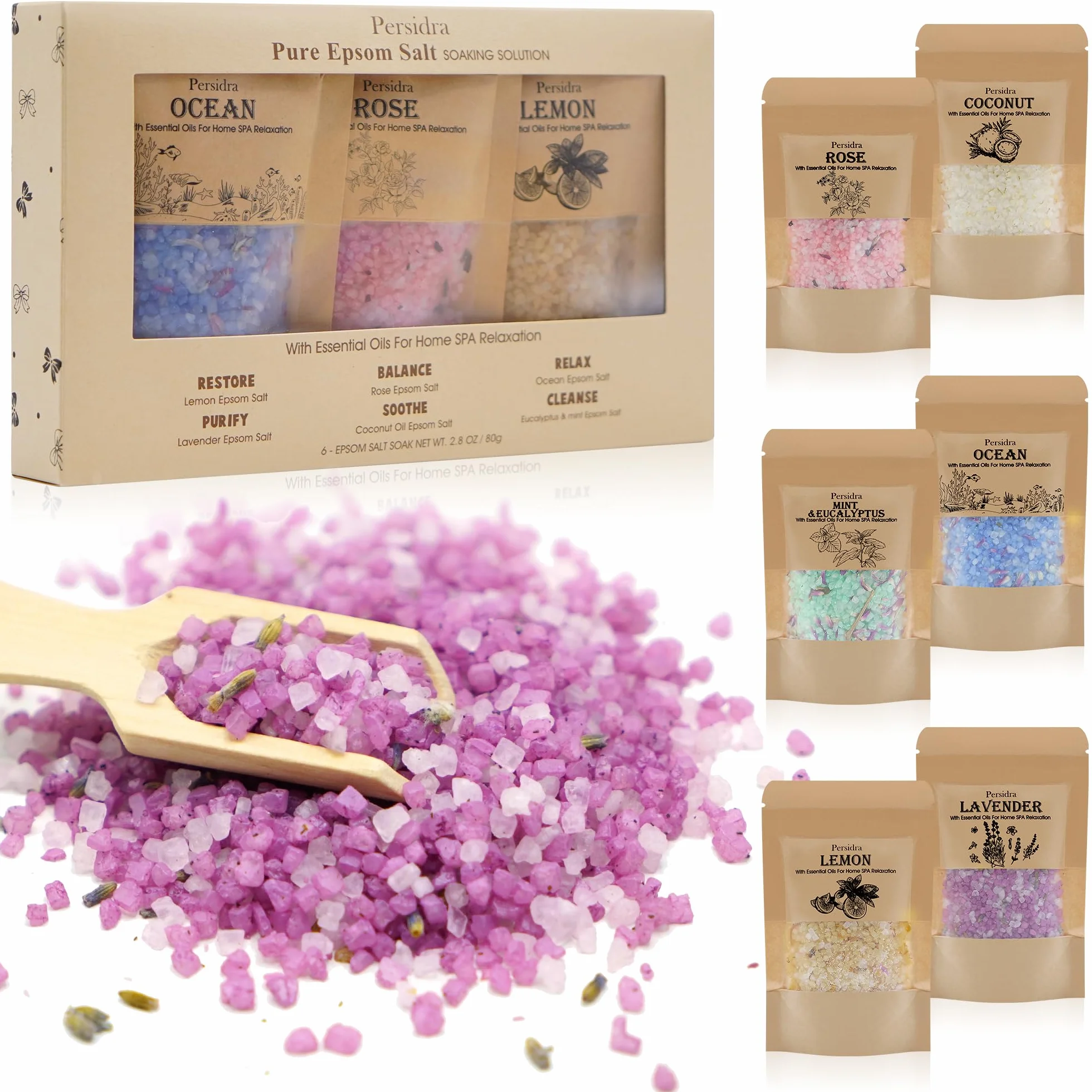 Juego de regalo de sal de baño, juego de spa de aromaterapia relajante para mujeres, 80 g, regalos de autocuidado para mamá, regalos de cumpleaños para el día de la madre, con sal marina Nat