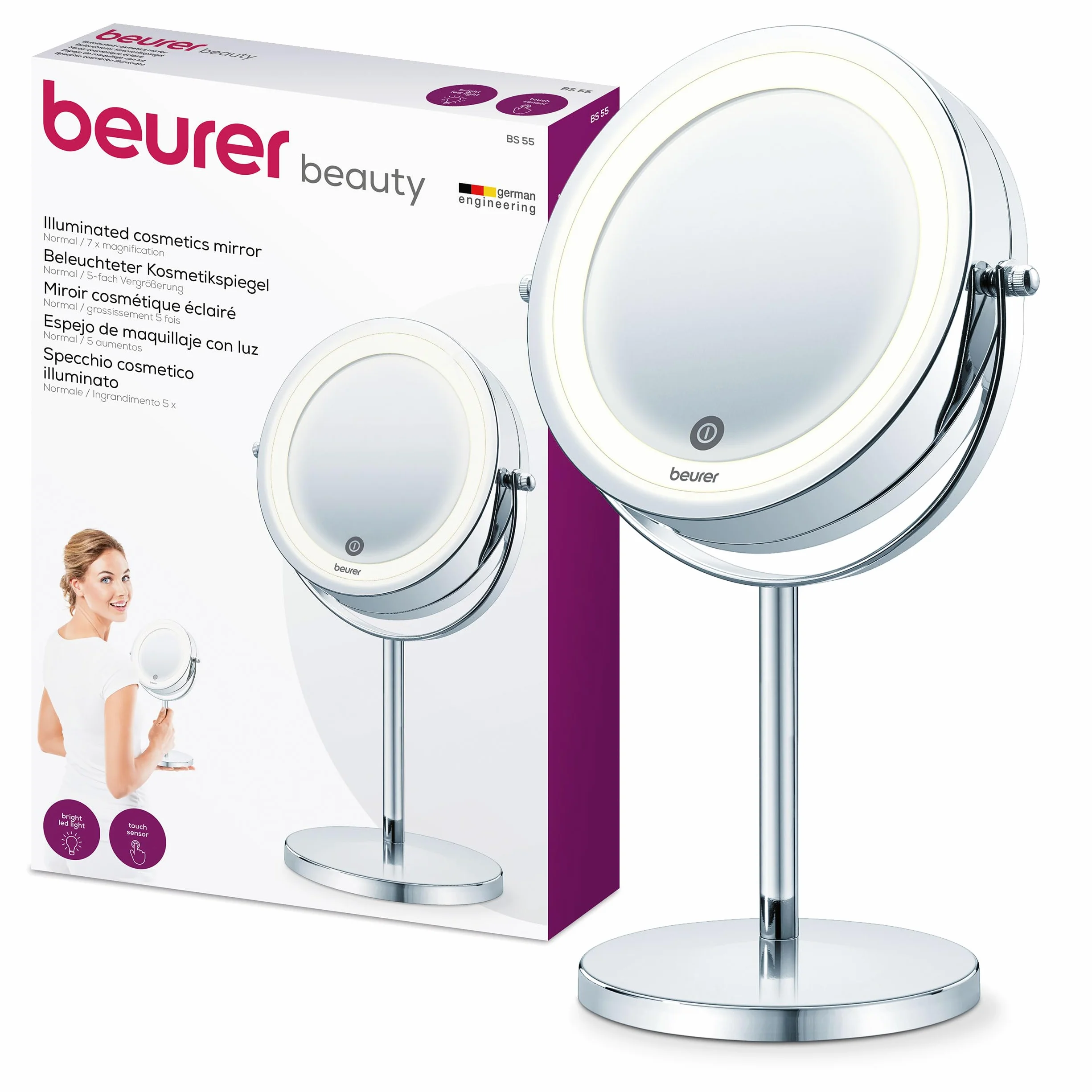 Beurer BS 55 Espejo maquillaje con luz LED brillante 18 LEDs pivotante táctil aumento x7 cromado