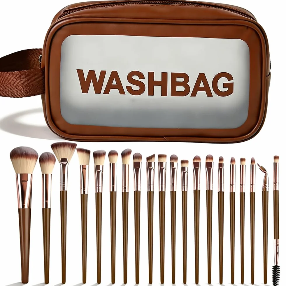 Brochas de Maquillaje Profesional Sintéticas Premium, 20 Piezas con Difusores y Bolsa de Viaje para Polvo, Colorete, Sombra