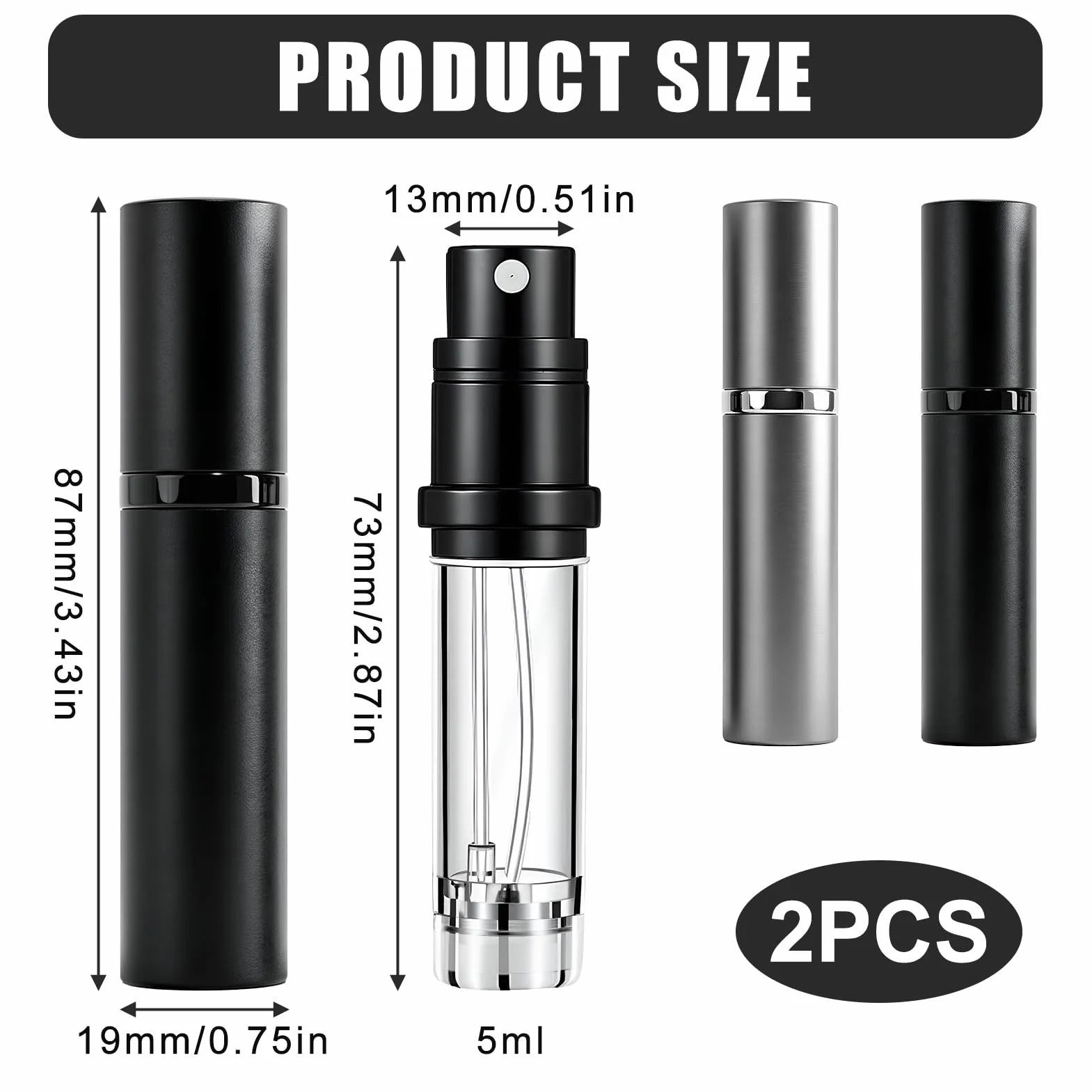 Pack de 2 Botellas de Perfume de Viaje de Aluminio de 5ml Recargable Gris y Plateado