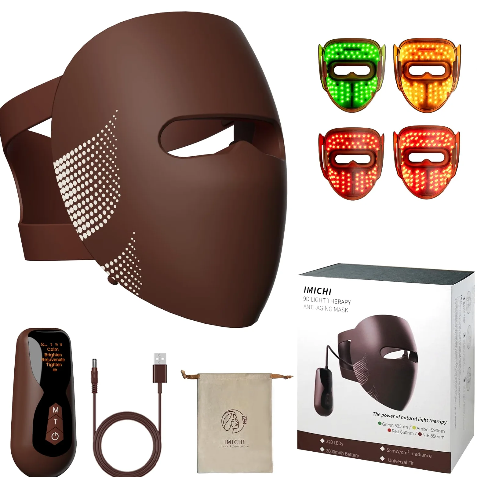 IMICHI Máscaras de silicona LED para el rostro con terapia de luz, 320 piezas de LED, máscara de terapia de luz de 4 colores para antienvejecimiento, rejuvenecimiento, reafirmación, máscara de luz