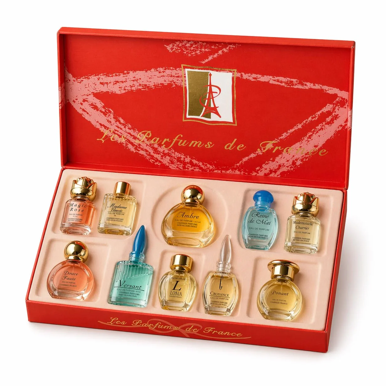 Charrier Parfums Top 10 Les Parfums de France - Caja lujosa de cartón con 10 botellas miniatura Eau De Parfum, Rojo, 52,7 ml