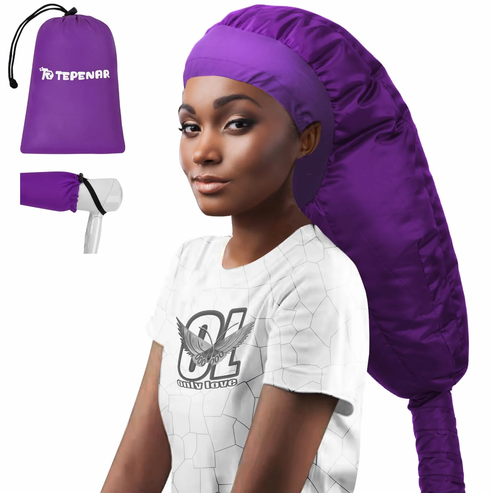 TEPENAR Gorro Secador para Cabello: Capucha Extra Grande Ajustable y Suave para Pelo Rizado - Secado Rápido - Morado