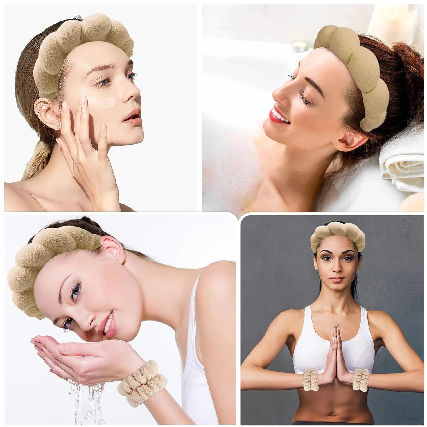 DRESHOW Diadema Spa para Lavarse la Cara Set de Muñequeras Esponja de Rizo Suave Maquillaje Cuidado de la Piel