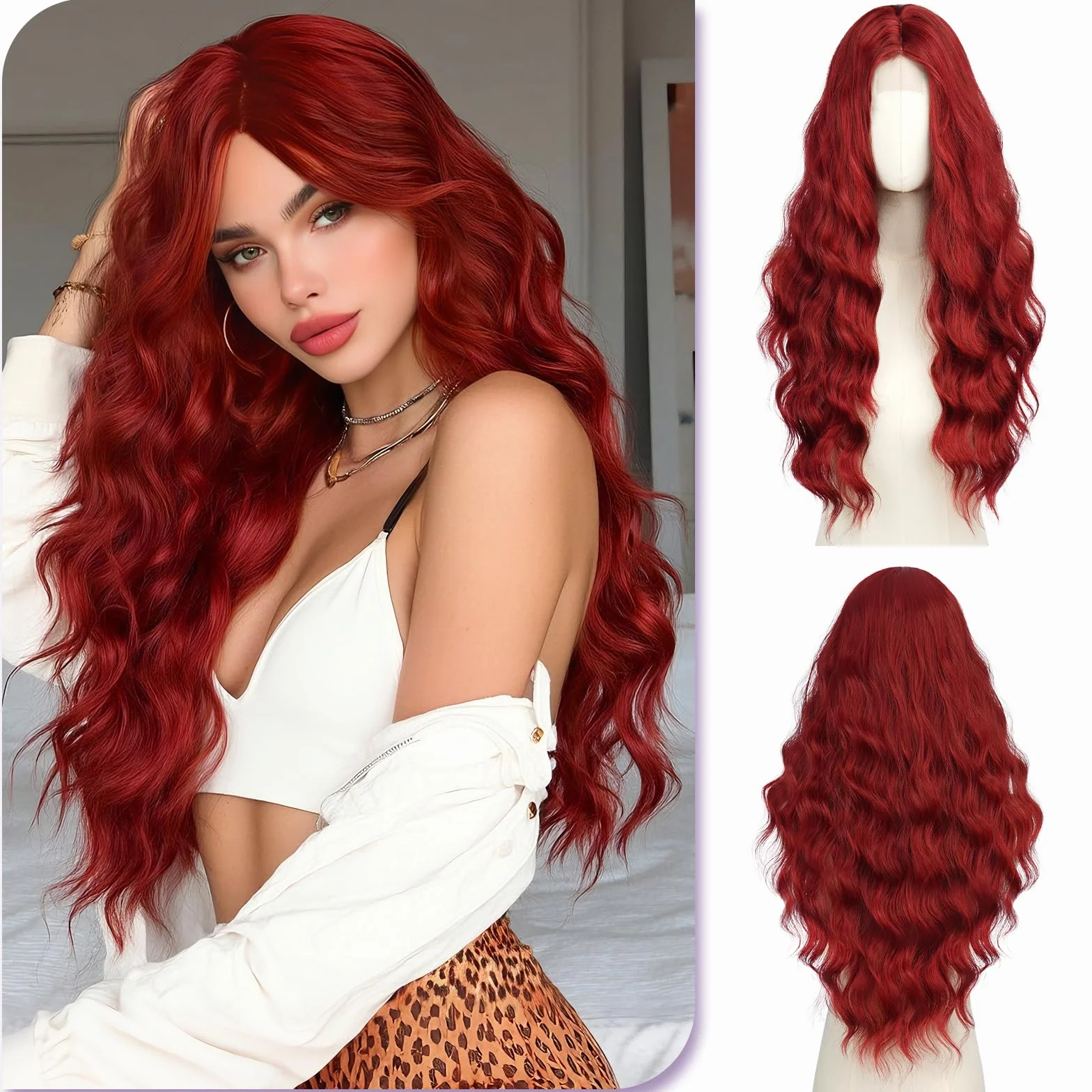 Peluca Largos y Ondulados 70 cm Rojo Baya para Mujer con Raya Central Natural y Frente de Encaje Resistente al Calor Sintética