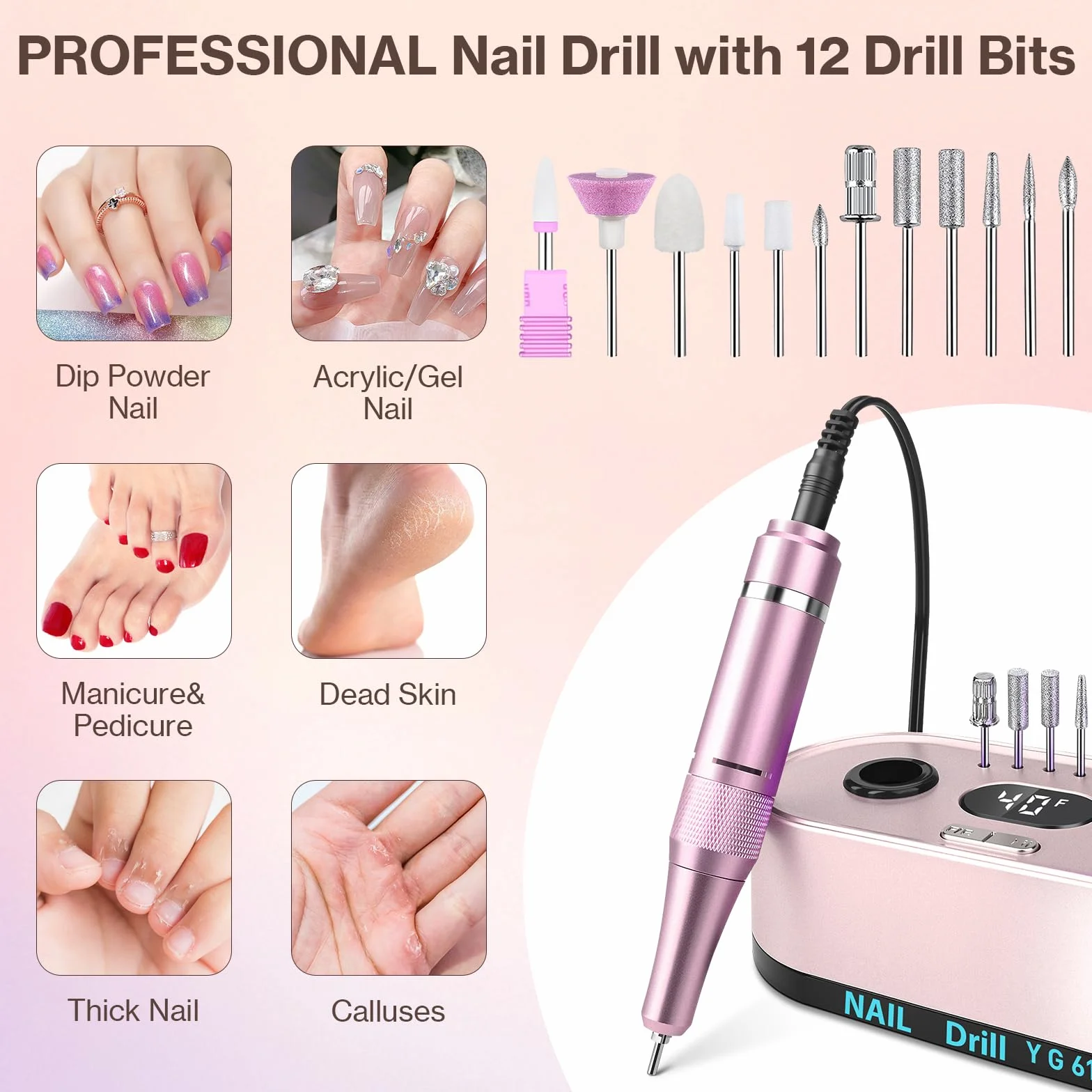 Torno para Uñas,Torno para Uñas Profesional 40000 RPM con 12 Cabezales de Pulido, Pantalla LCD,Control de Botones Iluminados,Silencioso, Lima Electrica Uñas (Rosa)