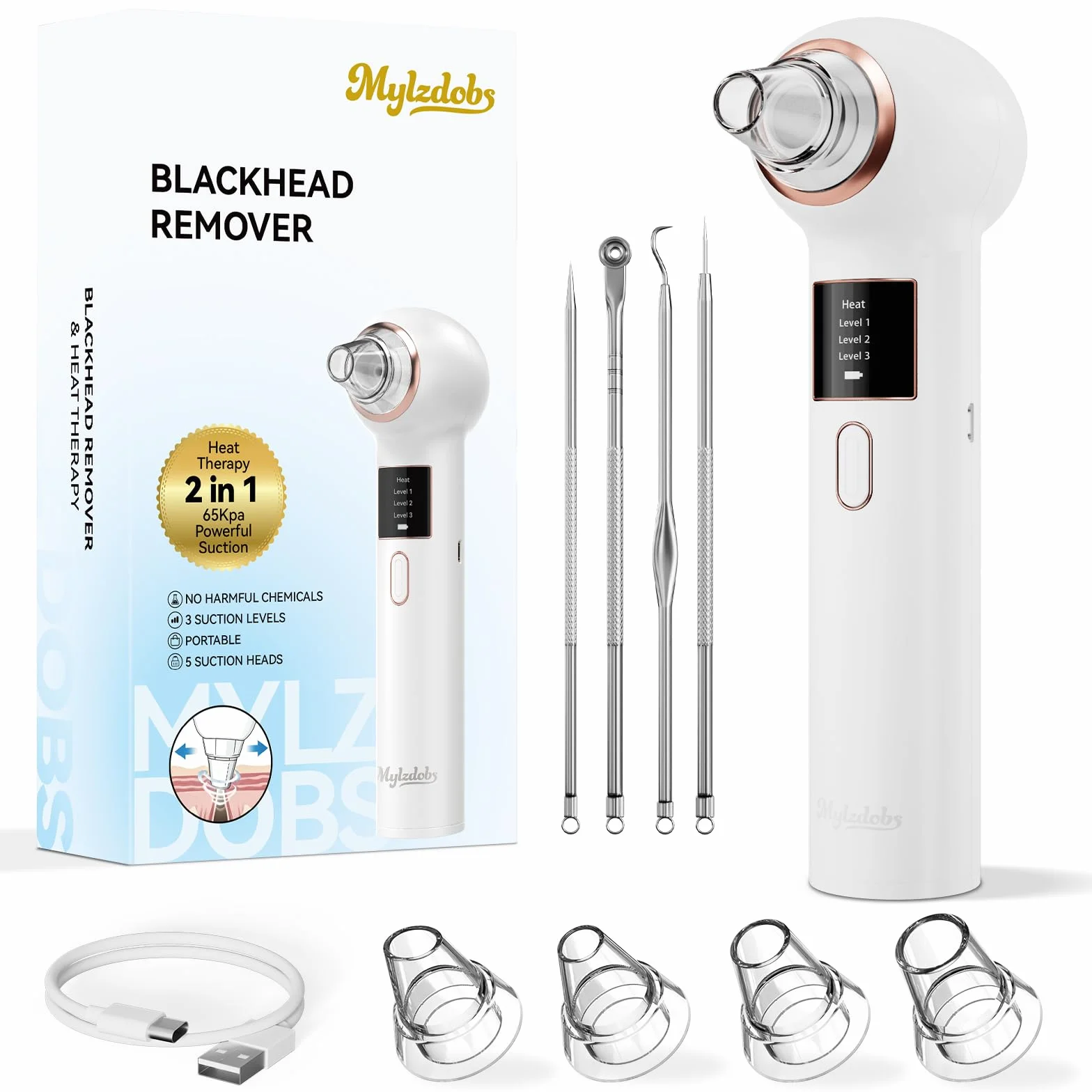 Succionador de puntos negros 5 Boquillas 3 Modos Limpieza Facial Nasal Kit Eliminar Comedones Acné Graso