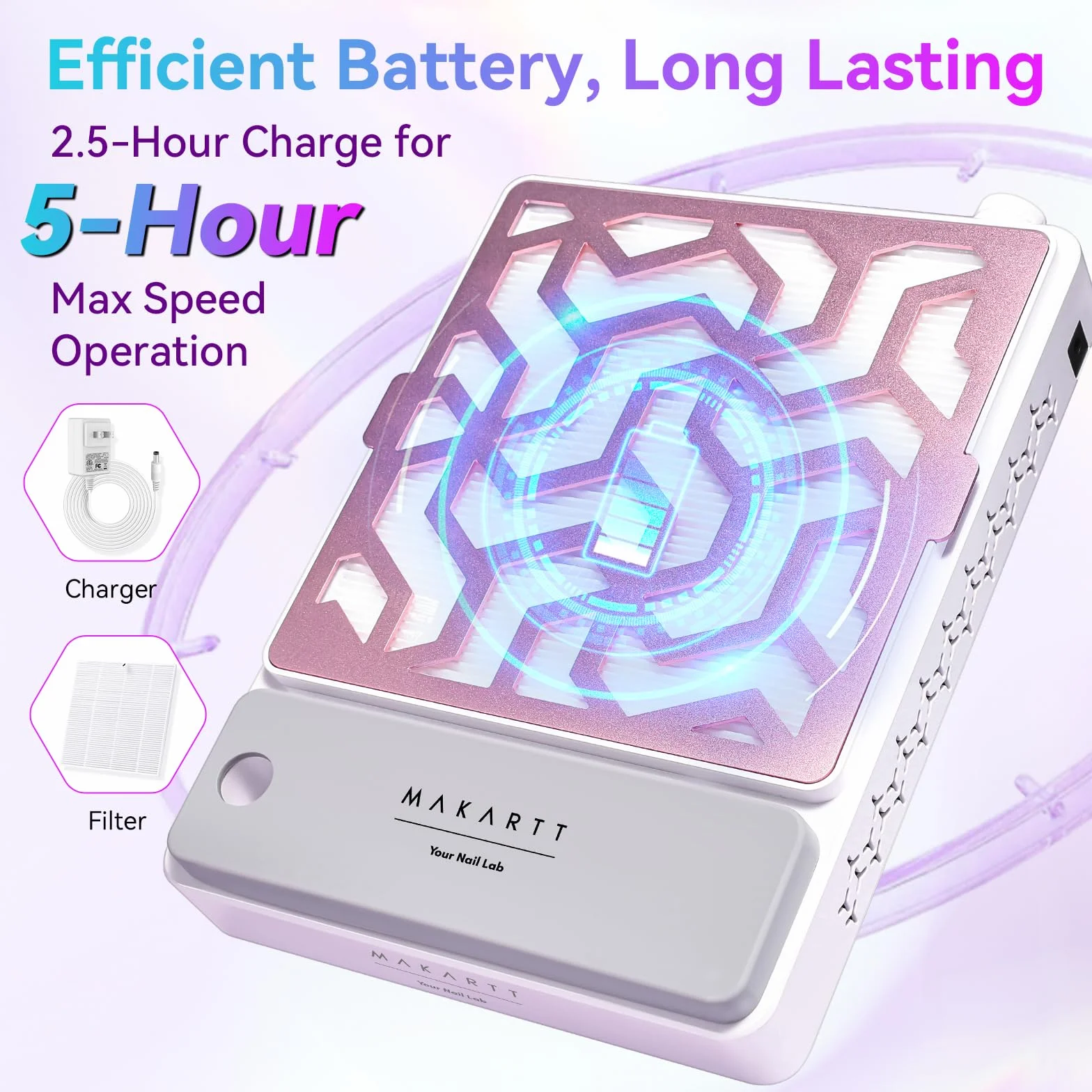 Makartt DUSTINA - Colector de polvo portátil recargable ultrafino con pantalla digital, reposamuñecas de silicona y filtro reutilizable para pulido de gel acrílico Nail Tech | DUSTINA - Reposamuñecas de silicona con pantalla digital y filtro reutilizable