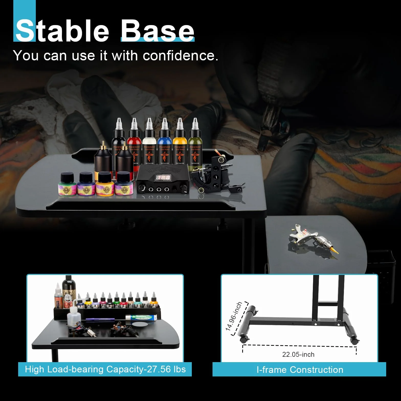 Mesa de tatuaje móvil ajustable, 65-97 cm, portátil, estación de trabajo con ruedas, accesorios de tatuaje, mesa móvil, escritorio, para salón, estudio, encimeras de trabajo dobles, carrito