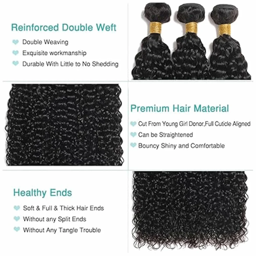 Peluca rizada rizada para mujer, extensiones de cabello humano brasileño sin procesar, extensiones de cabello humano virgen brasileño, 1B, color negro natural, paquete con una cobertura mínima