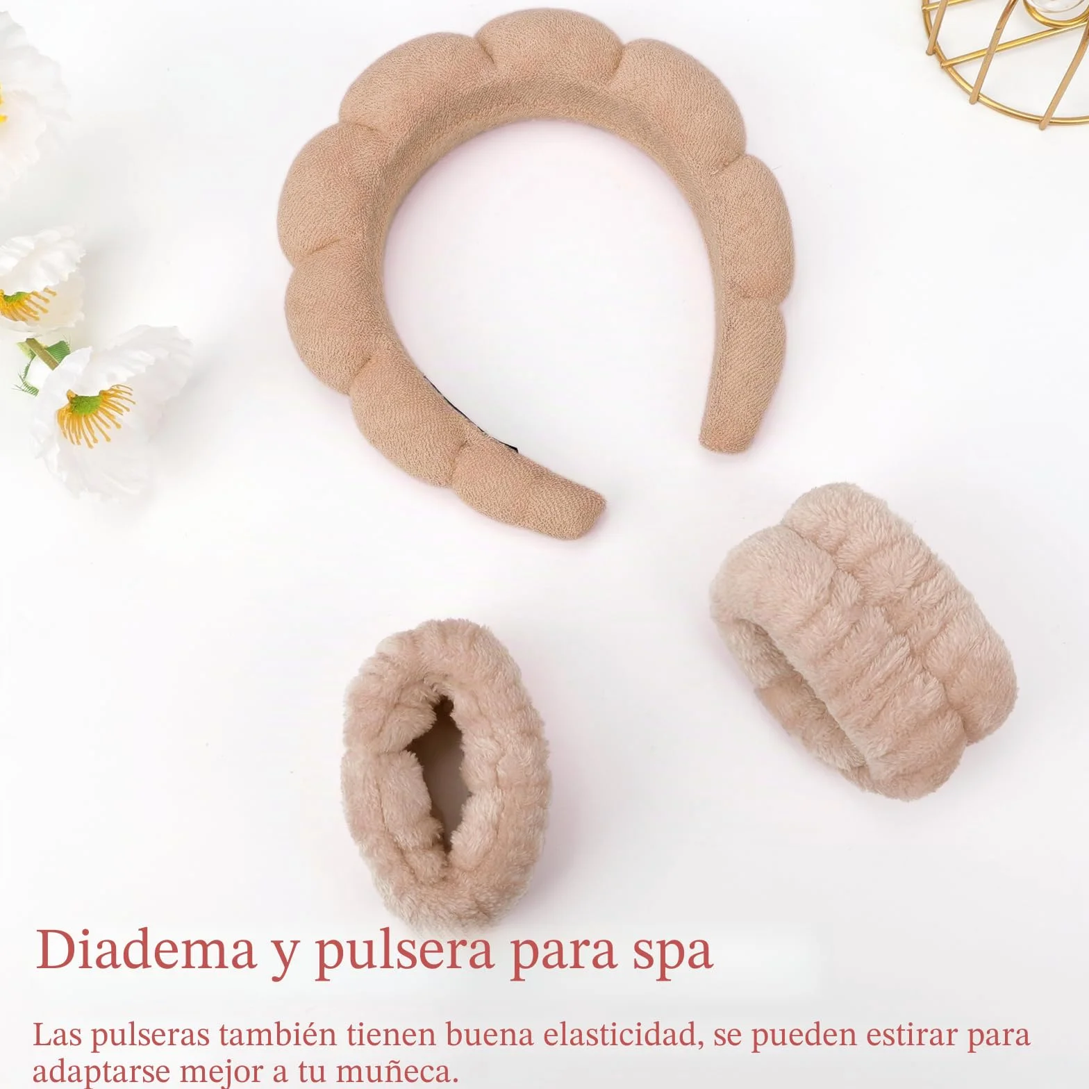 DRESHOW Diadema Spa para Lavarse la Cara Set de Muñequeras Esponja de Rizo Suave Maquillaje Cuidado de la Piel