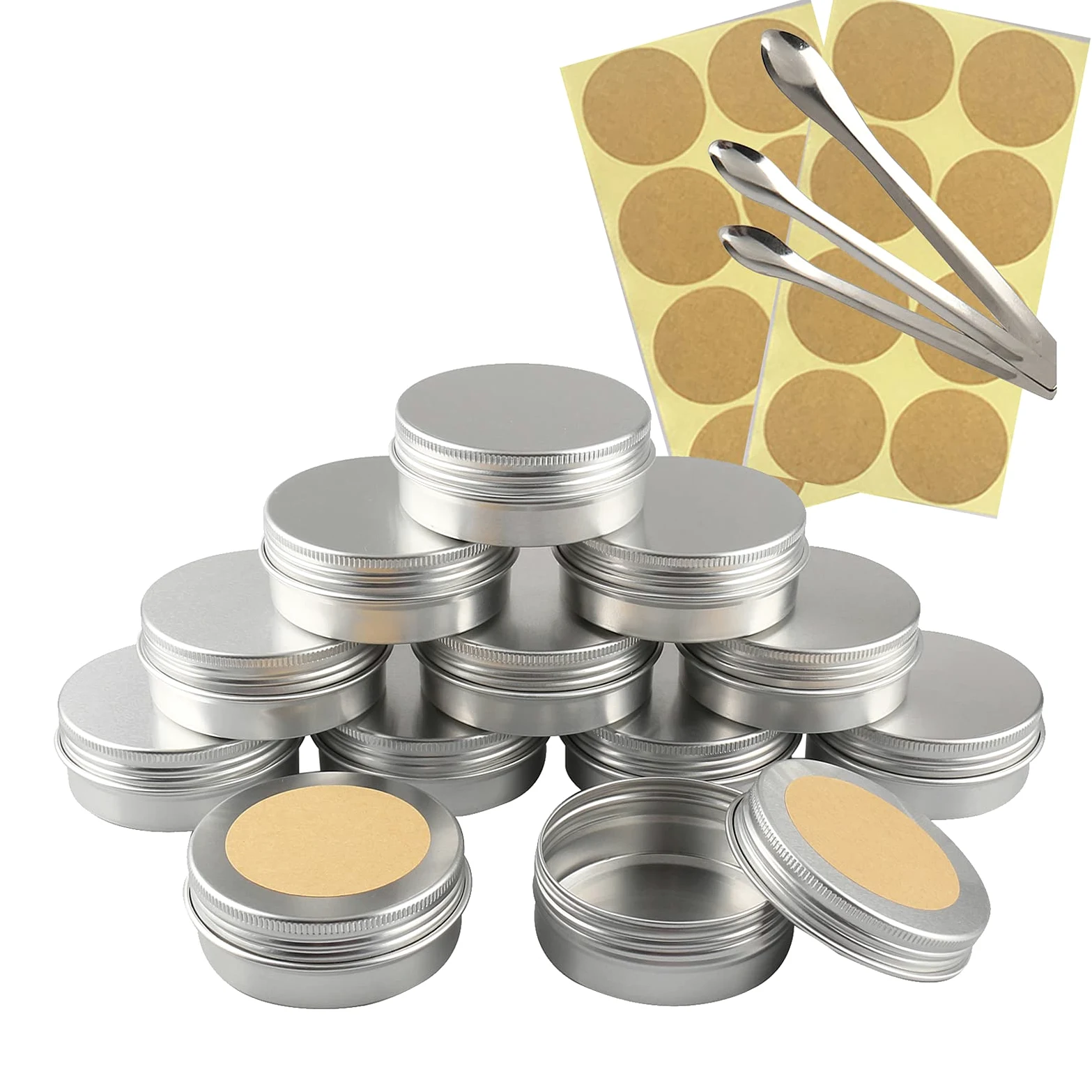 100 piezas 60ml Tarros de hojalata de aluminio de plata redondos vacíos con tapas de tornillo envases de cosméticos ideales para bálsamo labial DIY vela pomada en polvo artesanías incluyendo 3