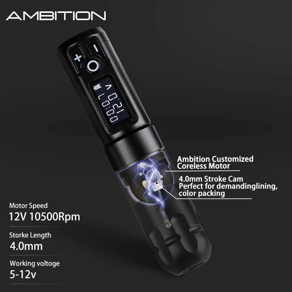 Ambition Soldier Máquina de cartucho de tatuaje con bolígrafo de batería rotativa con motor inalámbrico de 2400 mAh sin núcleo pantalla LED digital suministro de equipo de tatuaje
