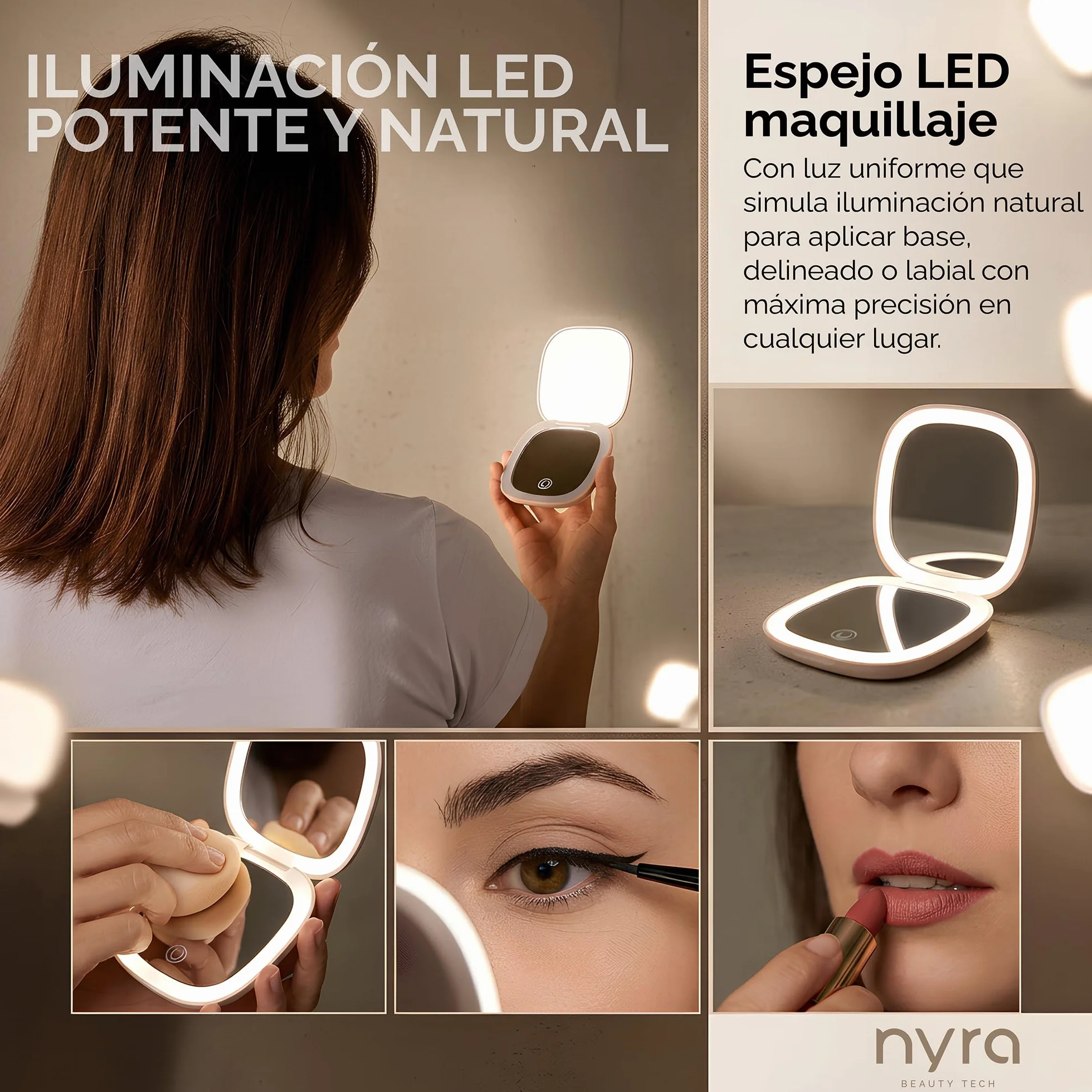 Nyra Espejo LED de Viaje Recargable 3 Modos de Luz Brillo Regulable Aumento x1 x3 Batería 400mAh Carga Tipo C