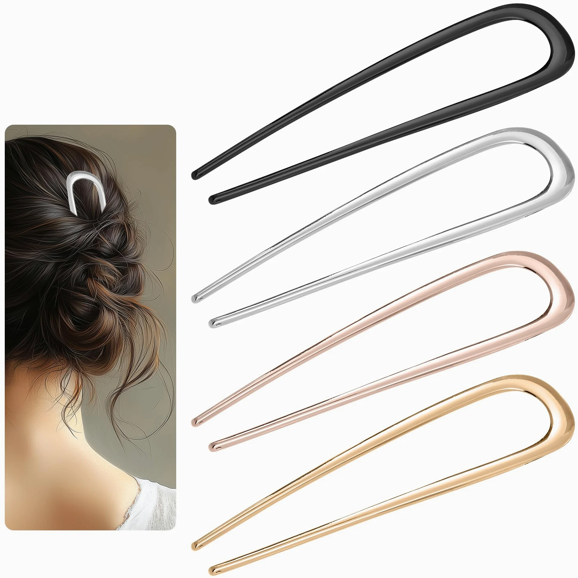4 horquillas francesas de 14 cm, de metal, horquilla francesa, horquilla francesa, horquilla en forma de U, horquilla grande para el pelo, pinzas francesas, para mujeres y niñas, dorado, plateado,