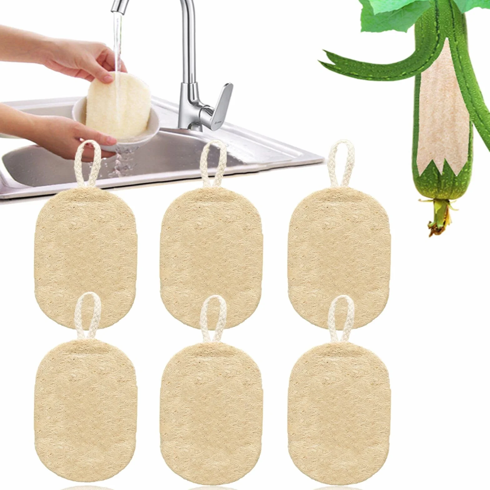 Natural Esponja Estropajo, Loofah Esponja 6 Piezas con Cordón, Ecológicas Biodegradables