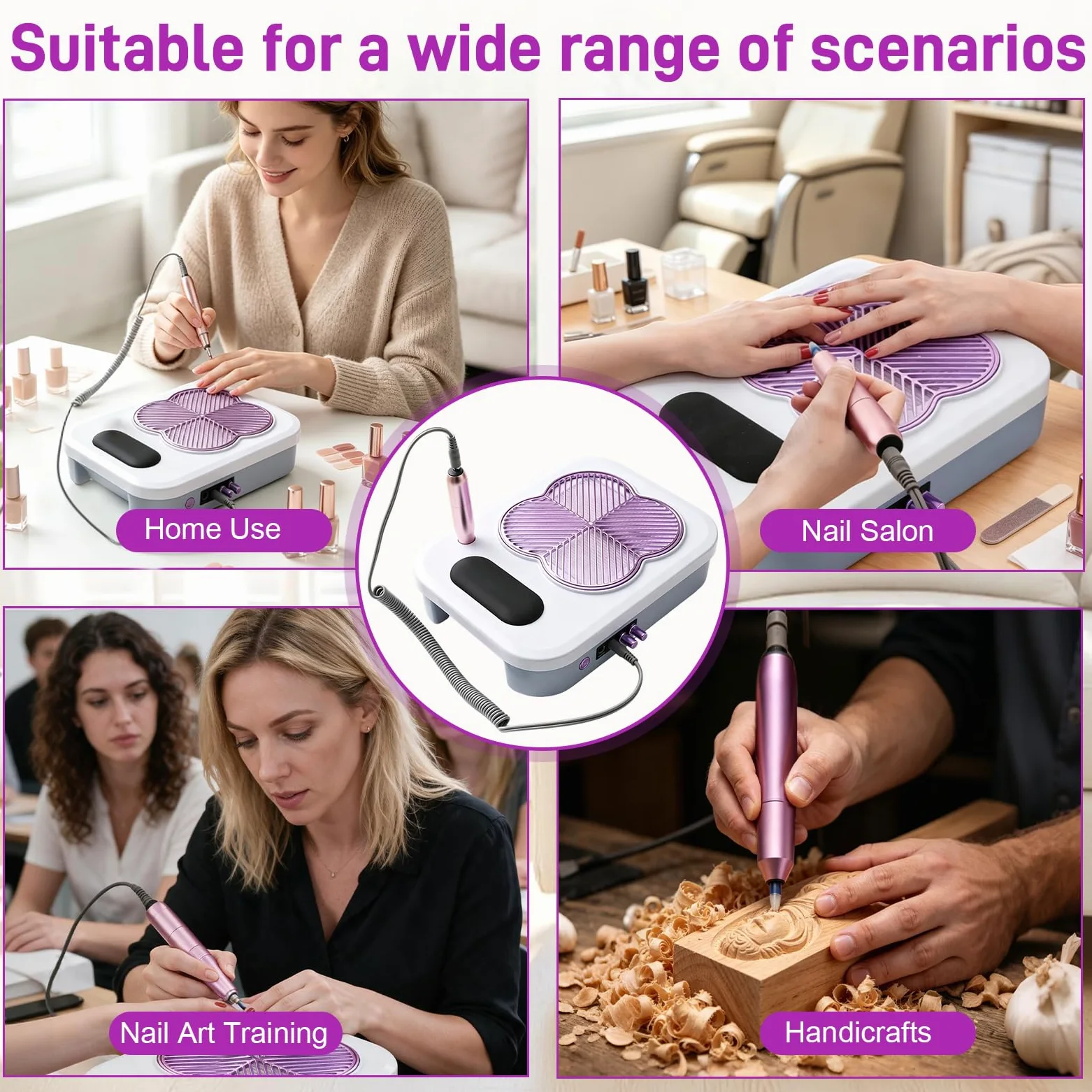Dispositivo de uñas 4 en 1, con torno profesional (18.000 rpm), 6 cabezales de lijado y cabezal removedor, lámpara UV/LED potente, aspirador integrado (3.400 rpm), ideal para uso en salón y en casa