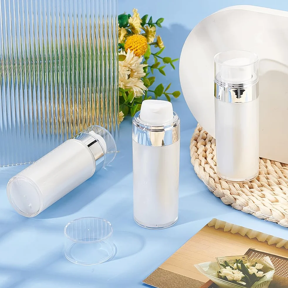 BENECREAT 3 Piezas Botellas de Viaje con Bomba Sin Aire 50 ml, Envases Cosméticos Portátiles Acrílico Blanco