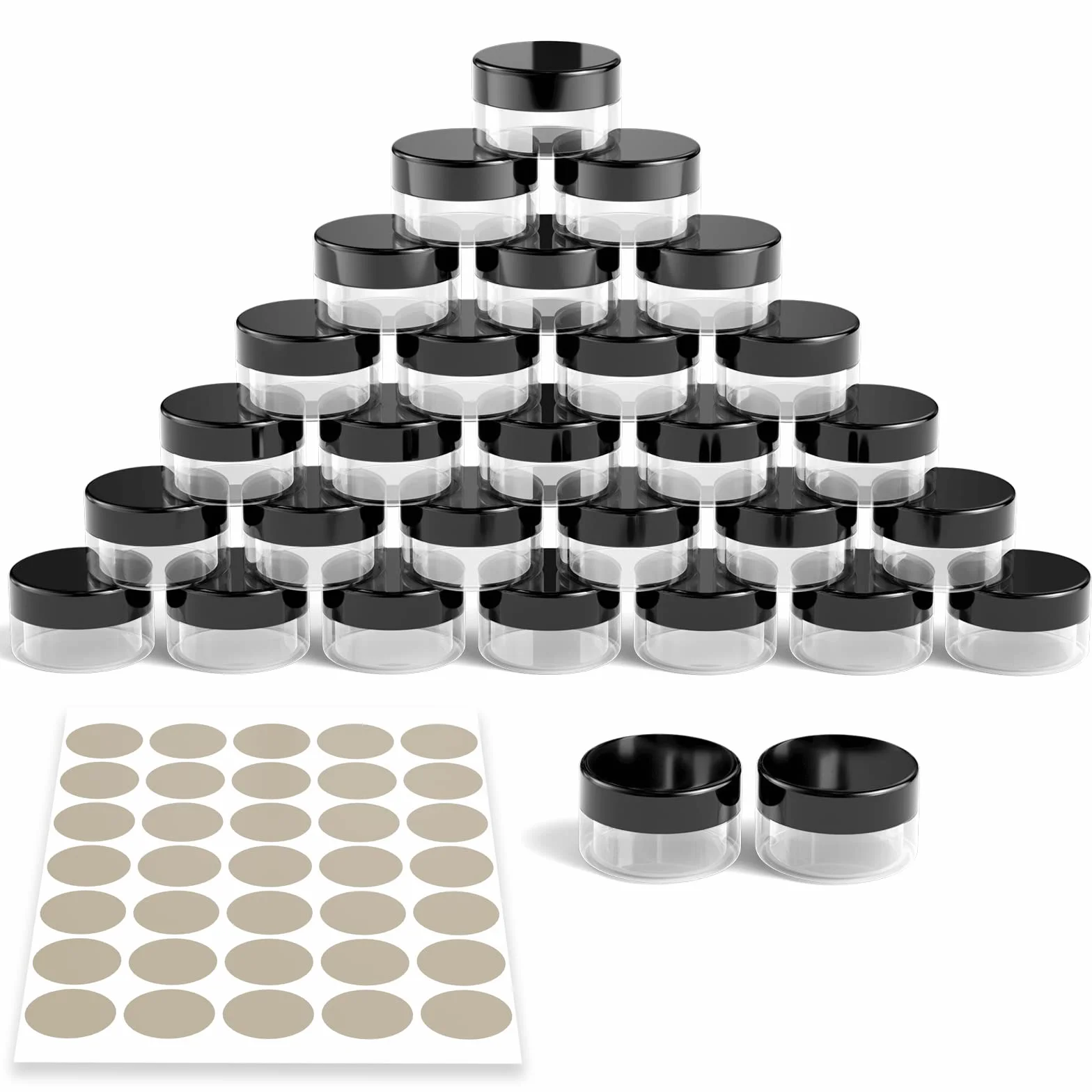 Newaner 30 Piezas Tarros de Plástico 10g10ml Mini Contenedores Cosmético de Viaje Transparente con Tapón Roscas Lata Vacía con Pegatinas Negro