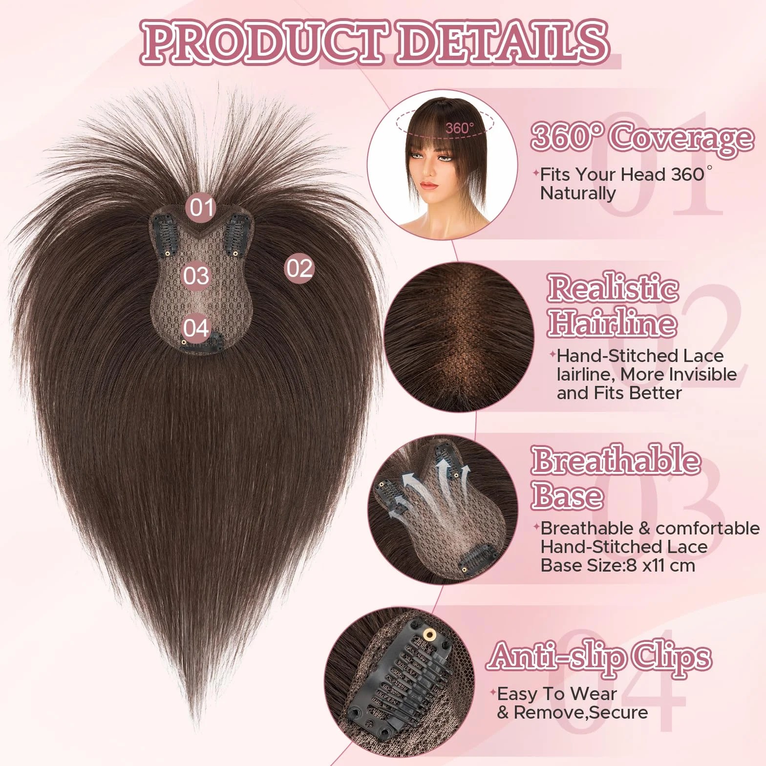 Cubrecabello para mujer, doble capa, cosido a mano, cobertura 360°, con flecos, natural, para adelgazamiento del cabello, añade volumen, 28 cm, color marrón oscuro, 21 g
