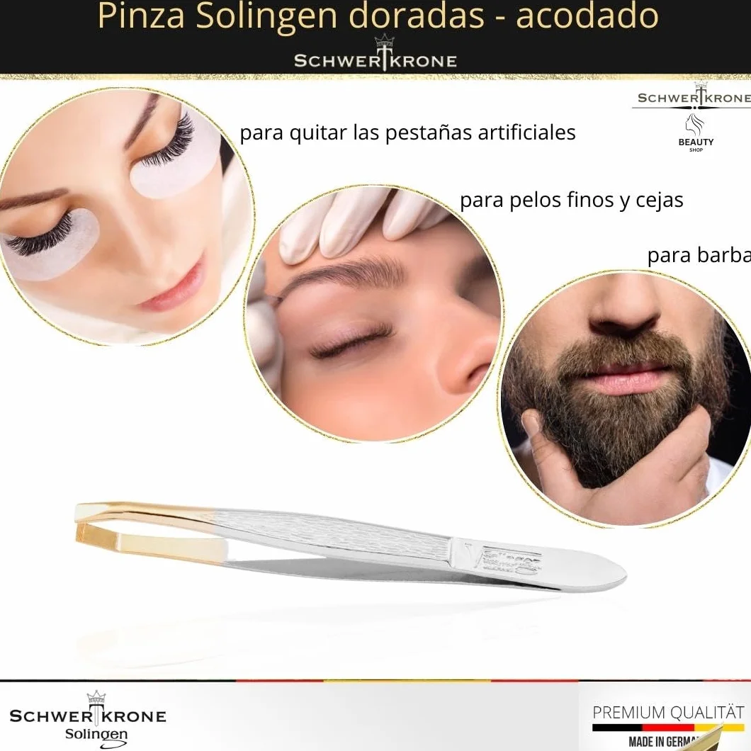 Schwertkrone Profi Solingen Pinzas para depilar cejas 8 cm curvadas chapadas en oro