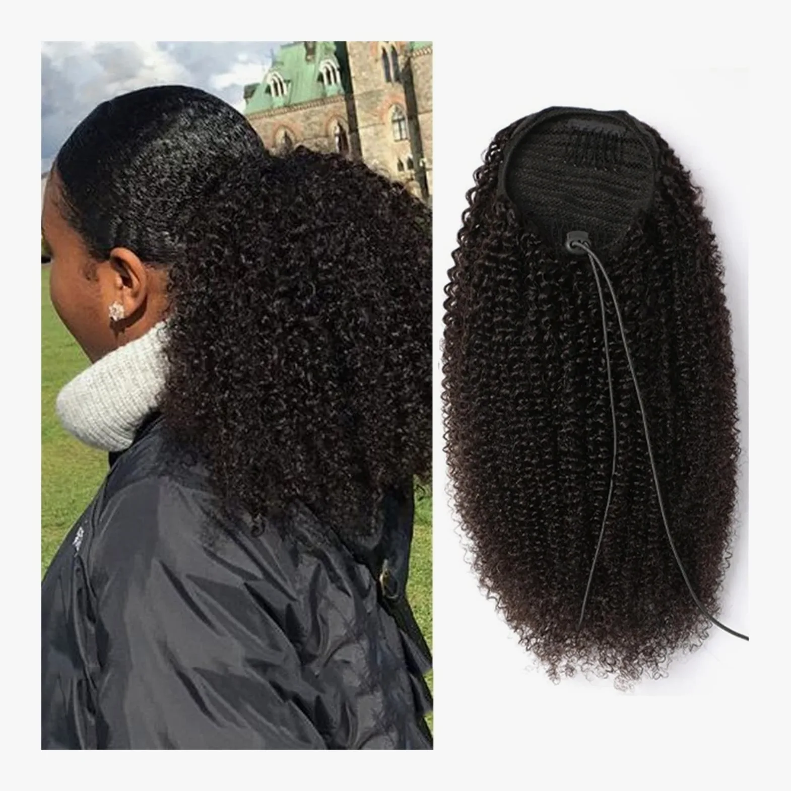Piezas de Pelo de Moño Para mujer Cola de caballo con cordón de 10-28 pulgadas Cabello real Mongol Negro Rizado Cola de caballo Extensión del cabello Horquilla Peluca de cola de caballo Bollo de pelo