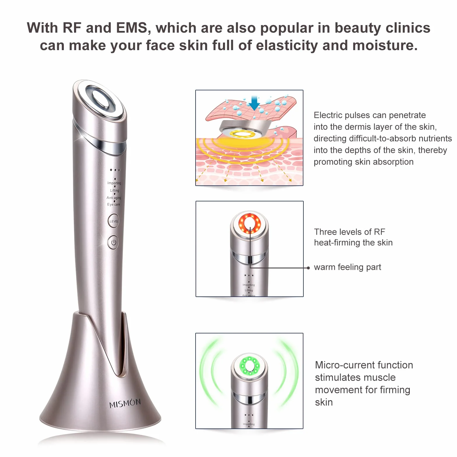 Aparato Radiofrecuencia Facial 4 en 1 Masajeador Facial Eléctrico con Tecnología de Radiofrecuencia y Pulso, 3 Niveles de Microcorrientes