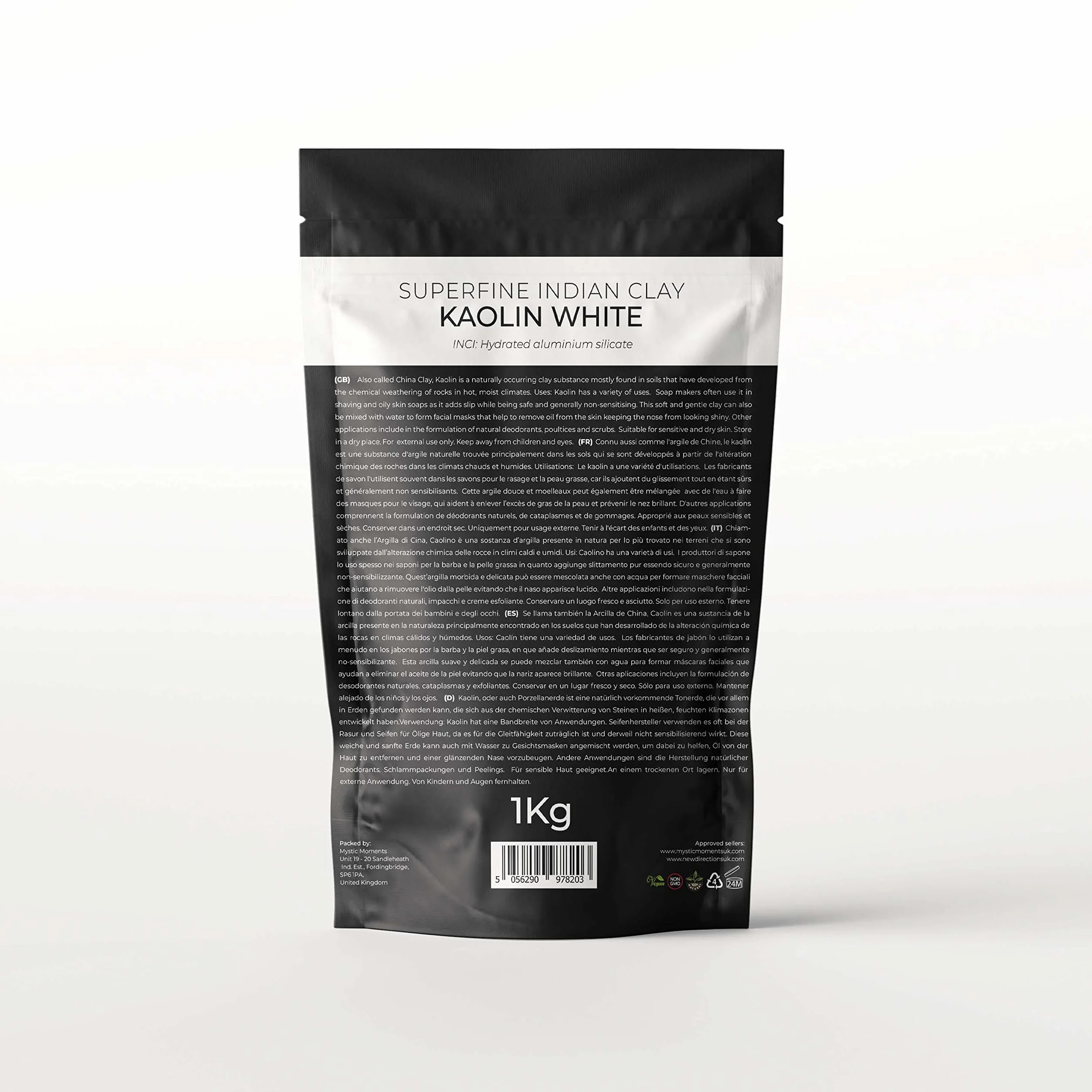 Arcilla natural de caolín indio superfino 1 kg vegano puro sin OMG