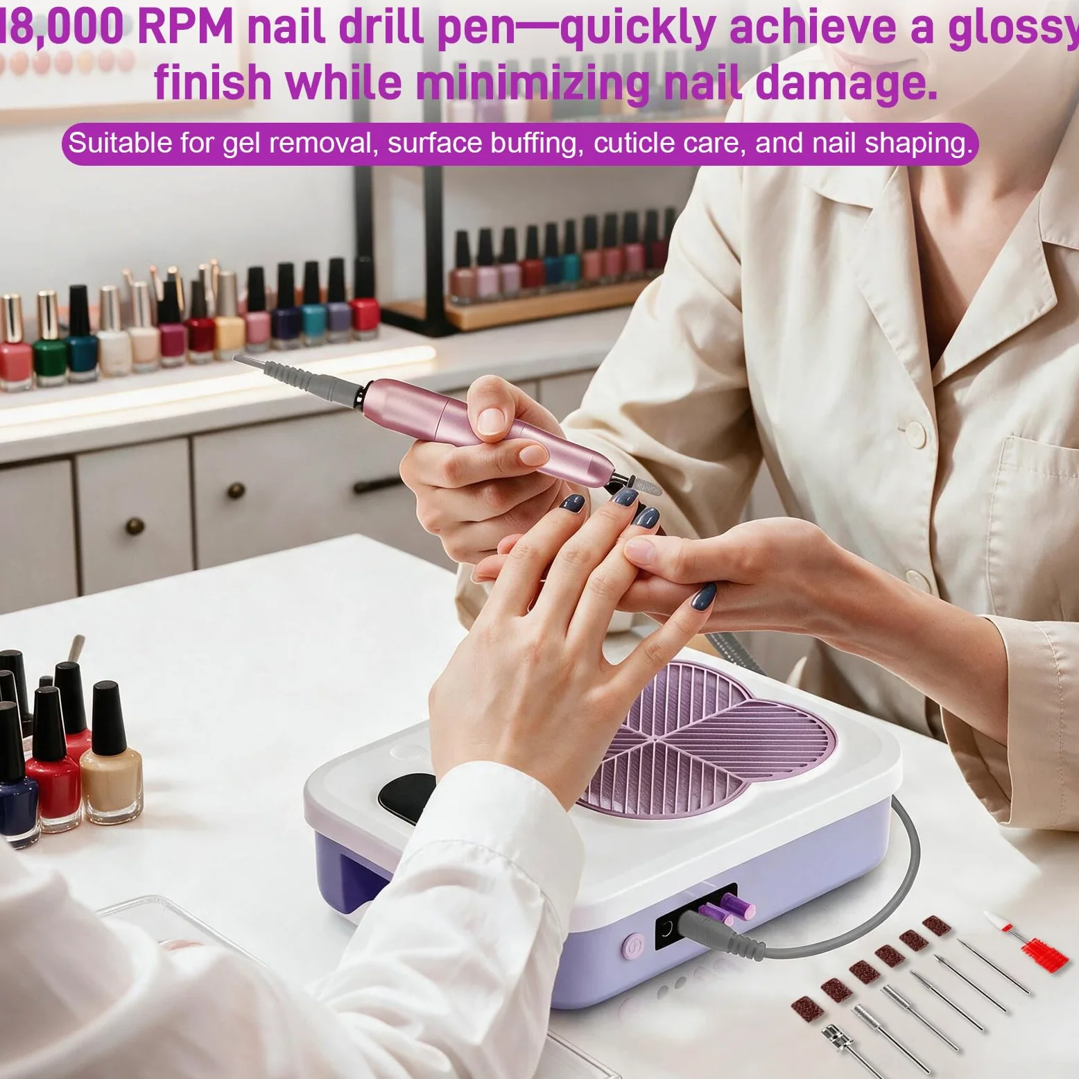 Dispositivo de uñas 4 en 1, con torno profesional (18.000 rpm), 6 cabezales de lijado y cabezal removedor, lámpara UV/LED potente, aspirador integrado (3.400 rpm), ideal para uso en salón y en casa