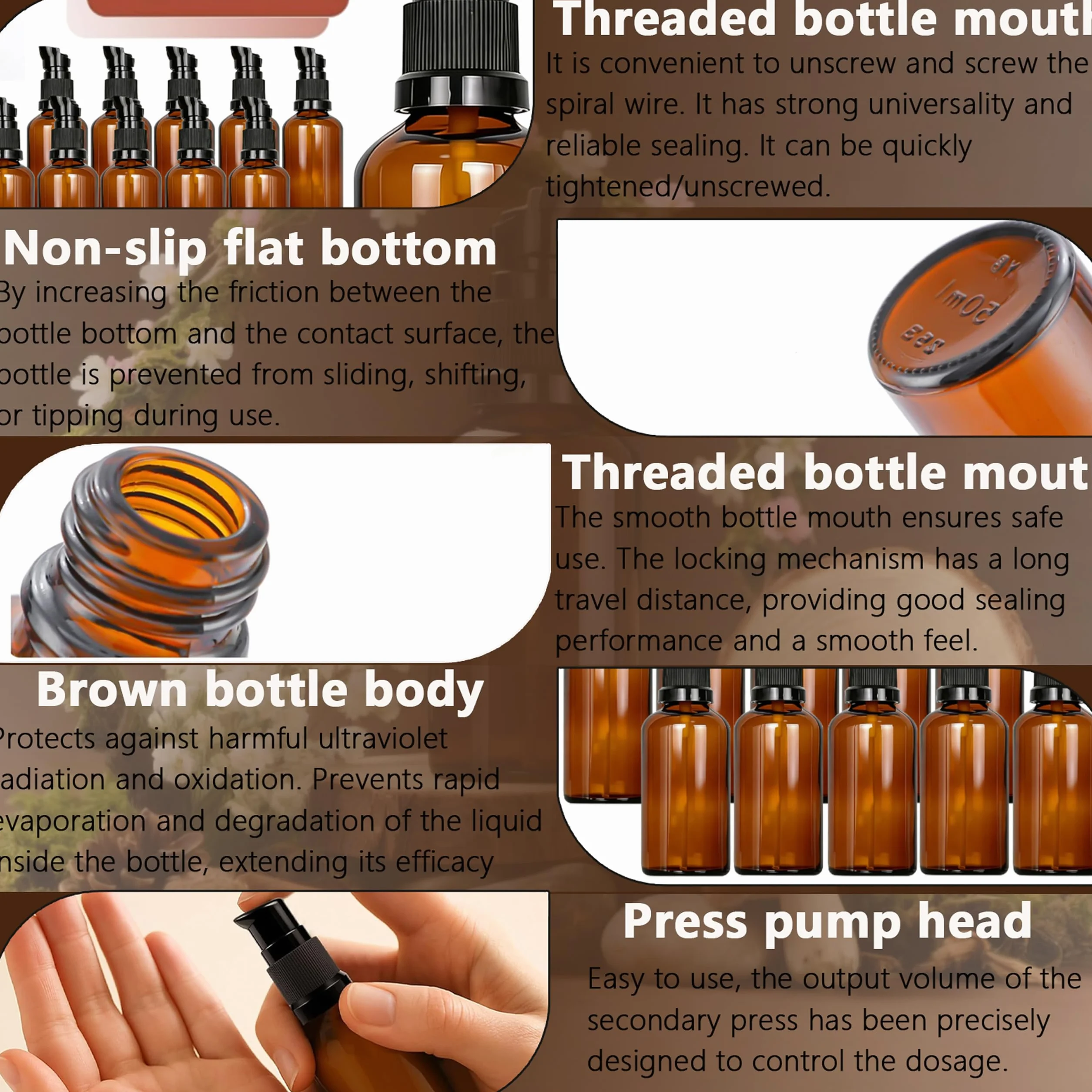 Botellas de Vidrio Marrón 50ml con Bomba, Protección UV, Rellenables para Aceites Esenciales