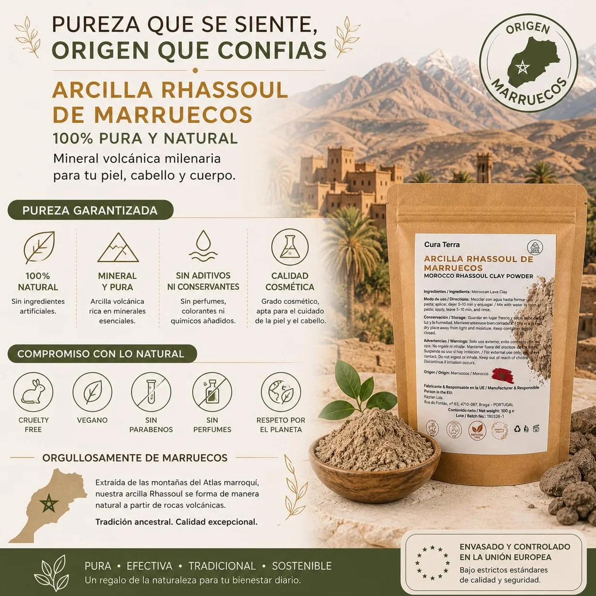 Arcilla Rhassoul Ghassoul de Marruecos 100% Pura – Polvo de Arcilla Volcánica Natural para Rostro, Cabello y Cuerpo – 100 g