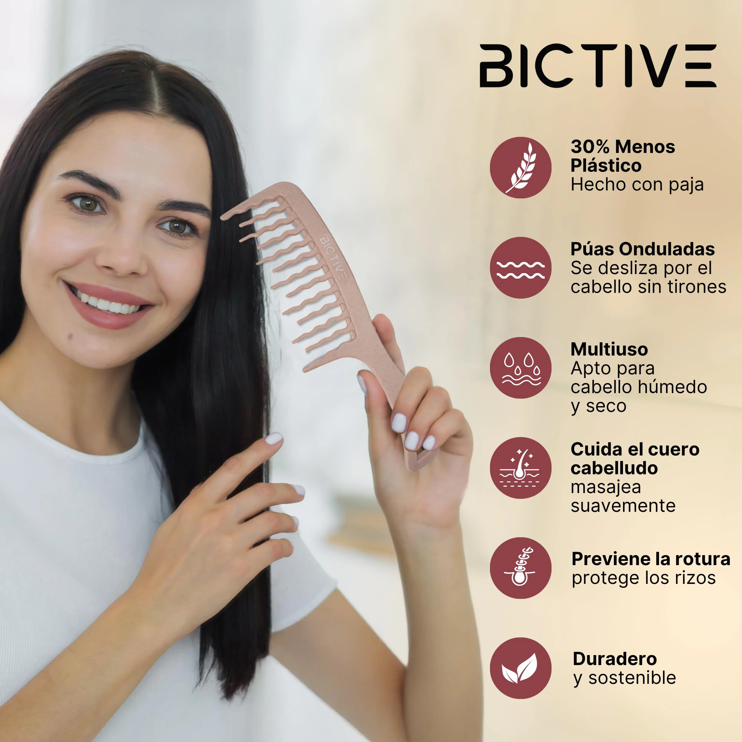 Peine de Púas Anchas para Pelo Rizo, Desenredante, Antitirones, Dientes Anchos (Rosa Nude)