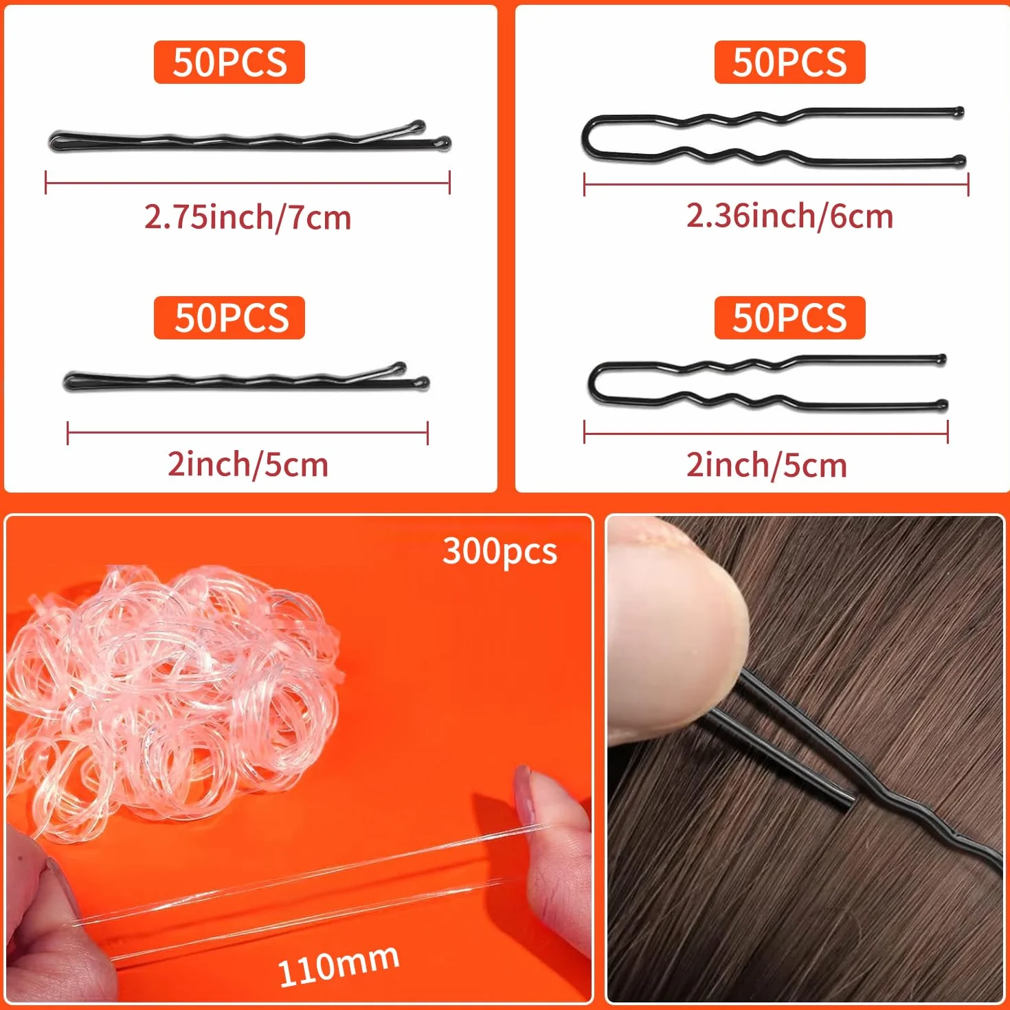 Pinzas para el Pelo Mujer 500 Horquillas en U 2 pulgadas 2.36 pulgadas Pasador de Pelo Ondulado 2 pulgadas 2.75 pulgadas Diademas Transparentes con Caja Portátil Negro