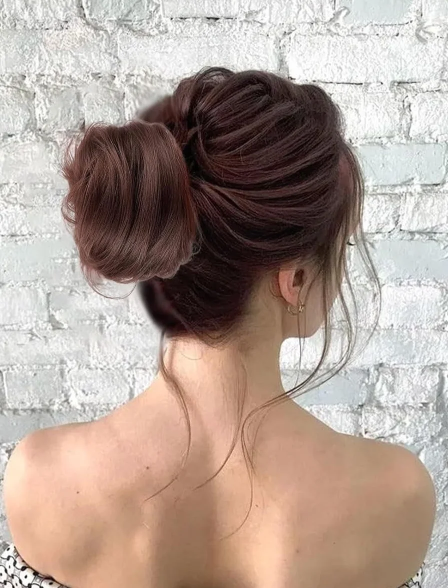 Coletero Moño Postizo Cabello Natural Mujeres Extensiones Pelo Real Marrón Oscuro