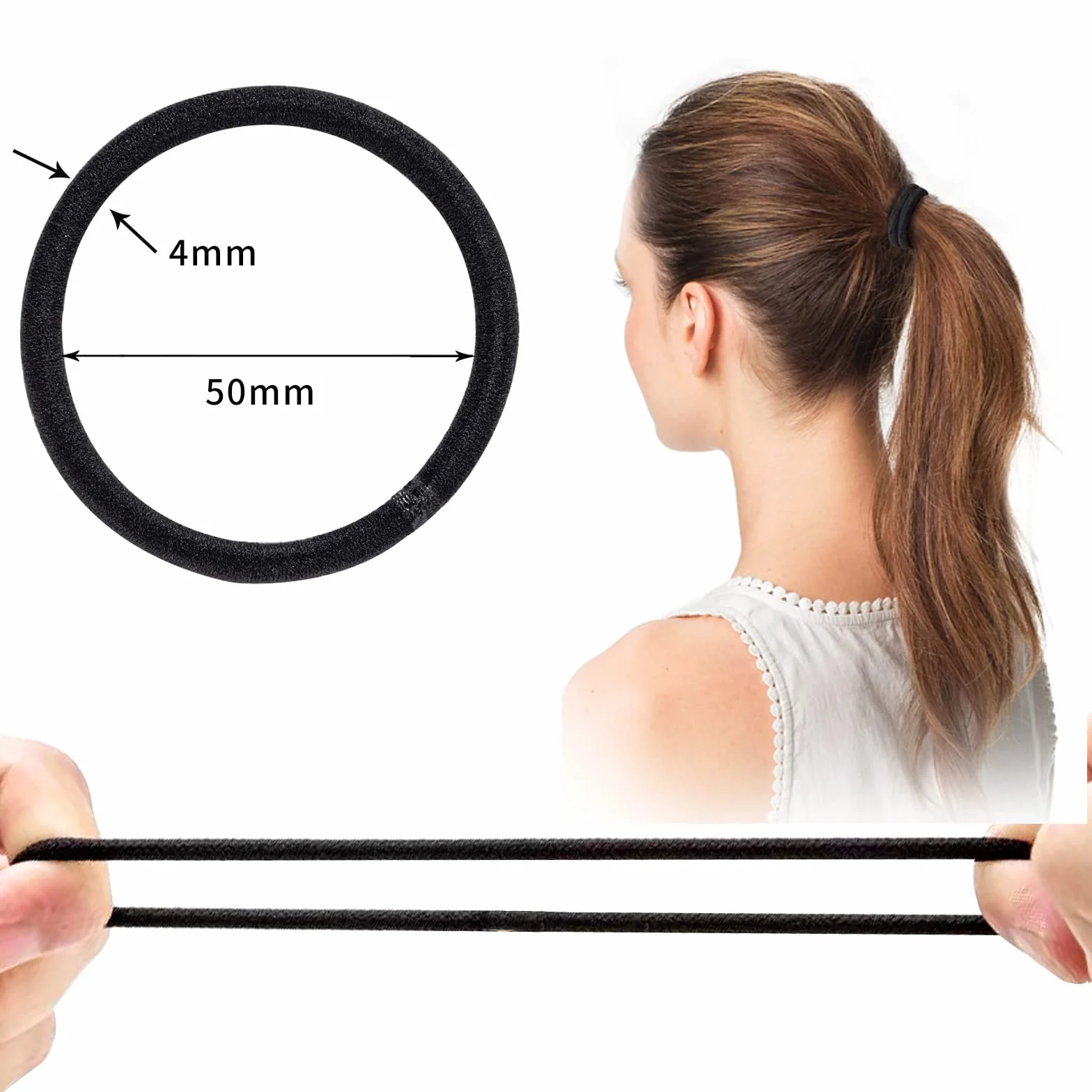 Gomas de Pelo 32 Piezas 4 mm Negra Elástica para Cabello Grueso