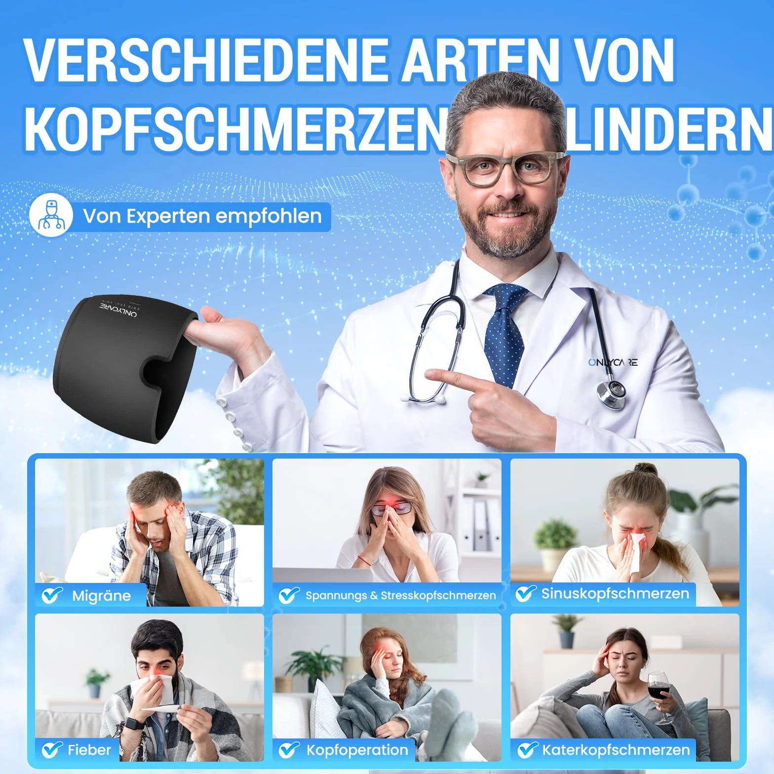 ONLYCARE Gorro Migraña Antifaz Frío Sin Sabor Gel Envolvente 360° Alivio Migraña Sinusitis Estrés Dolores Cabeza