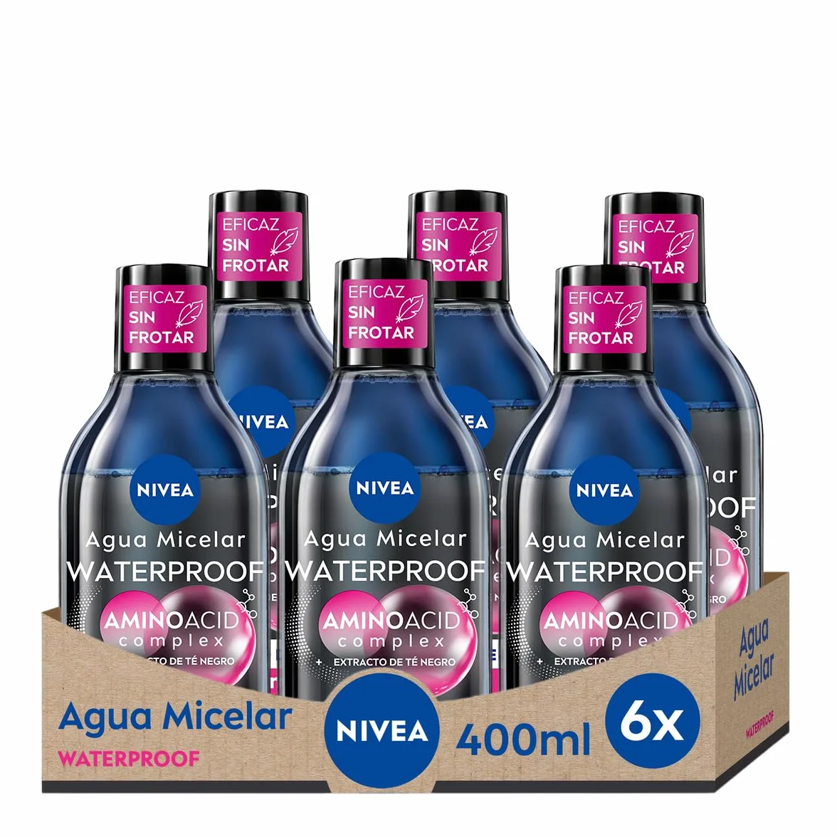 NIVEA Agua micelar Bifásica Waterproof 6 x 400 ml pack, desmaquillante facial con extracto de té negro