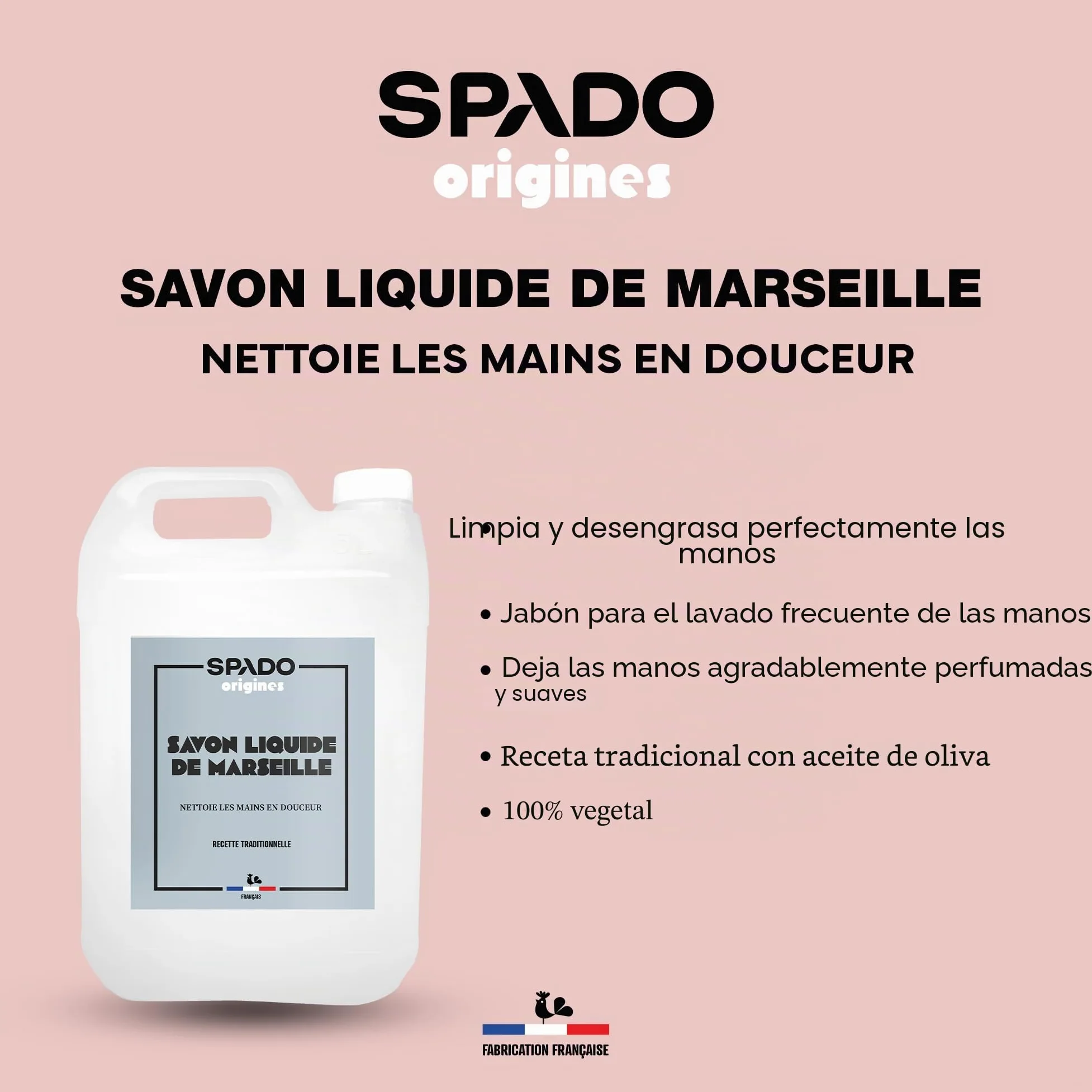 SPADO Origines – Jabón de Marsella líquido – 100% vegetal – Limpia y desengrasa – Suaviza las manos – Con aceite de oliva – 5 L – Fabricación francesa