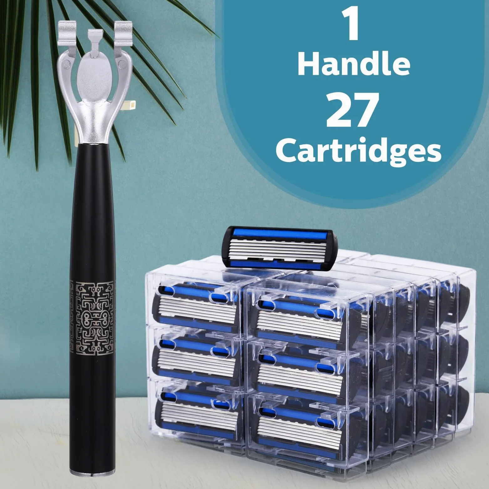 Juego de 28 cuchillas recargables desechables para hombre, 6 cuchillas, piel sensible, juego de afeitado para un afeitado cómodo, 1 mango y 27 cartuchos