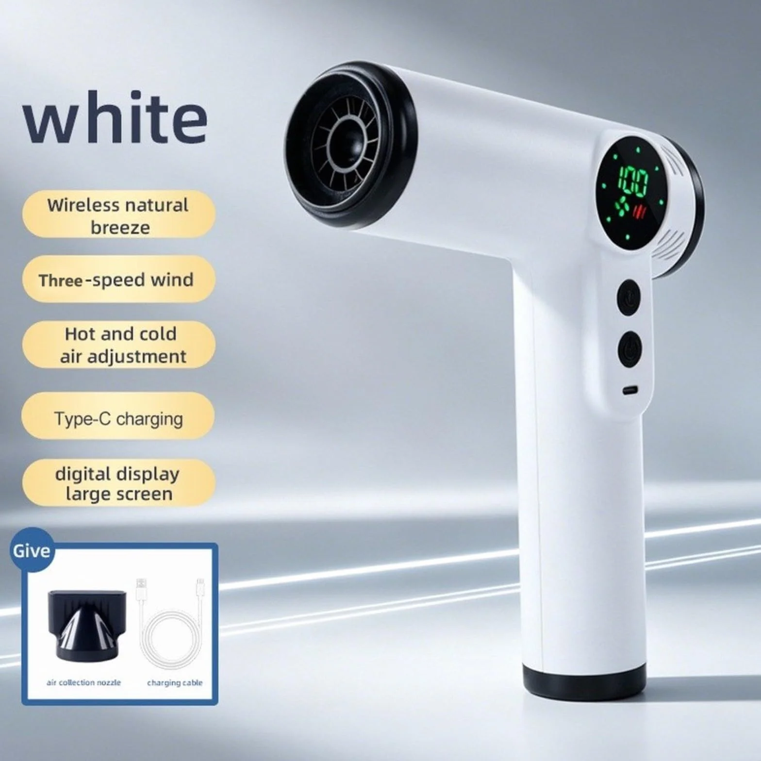Secador de pelo portátil inalámbrico recargable por USB, secador de pelo de viaje con boquilla, ligero, ABS, compacto, para uso en casa, gimnasio, viajes (gris)