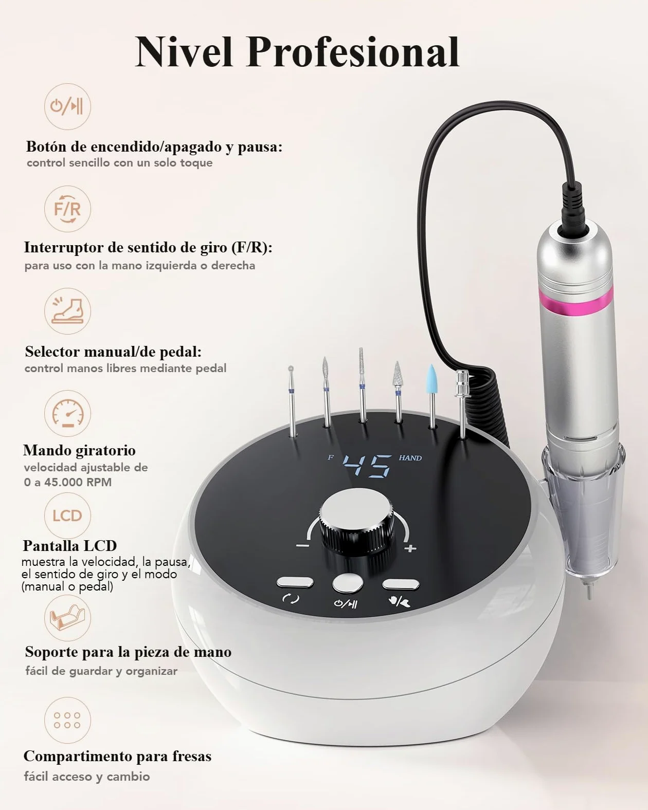 HOMEASY Torno para Uñas, Lima Eléctrica de 45000 RPM, Pedal y Pantalla LCD. | Torno para Uñas con Pedal, Pieza de Mano de Aluminio Silenciosa y Lima Eléctrica de Sobremesa para Acrílico y Gel.