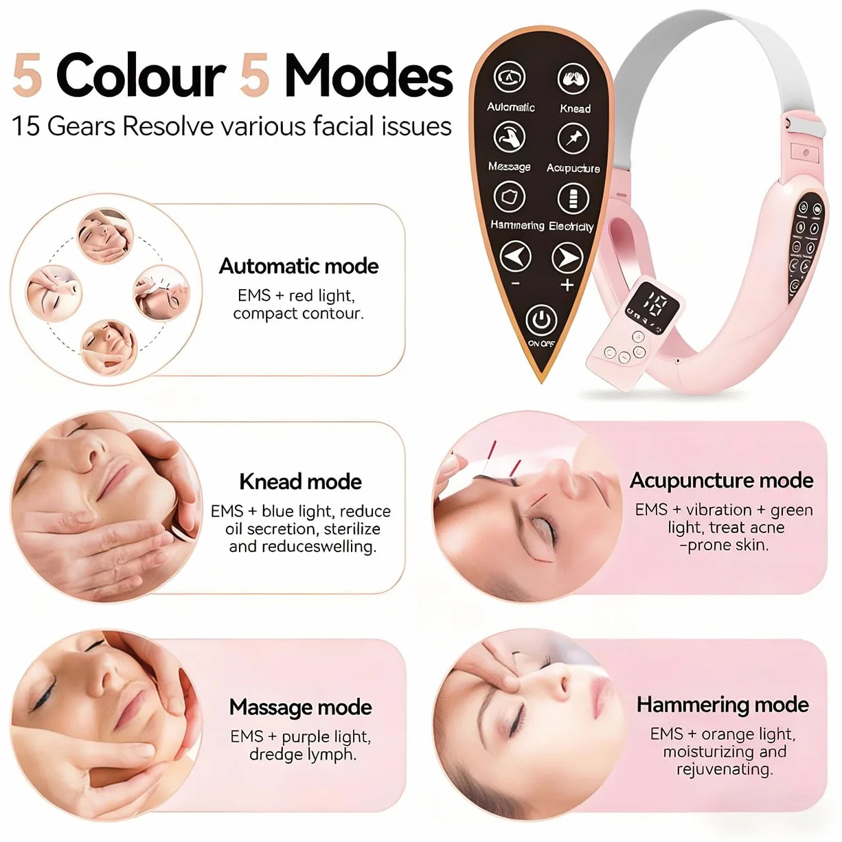Masajeador eléctrico V-Face Shaping + electroestimulador versión 2026 | Eliminador y tonificador de papada | Masajeador facial EMS, fototerapia roja y azul, 5 modos de terapia + mando a distancia