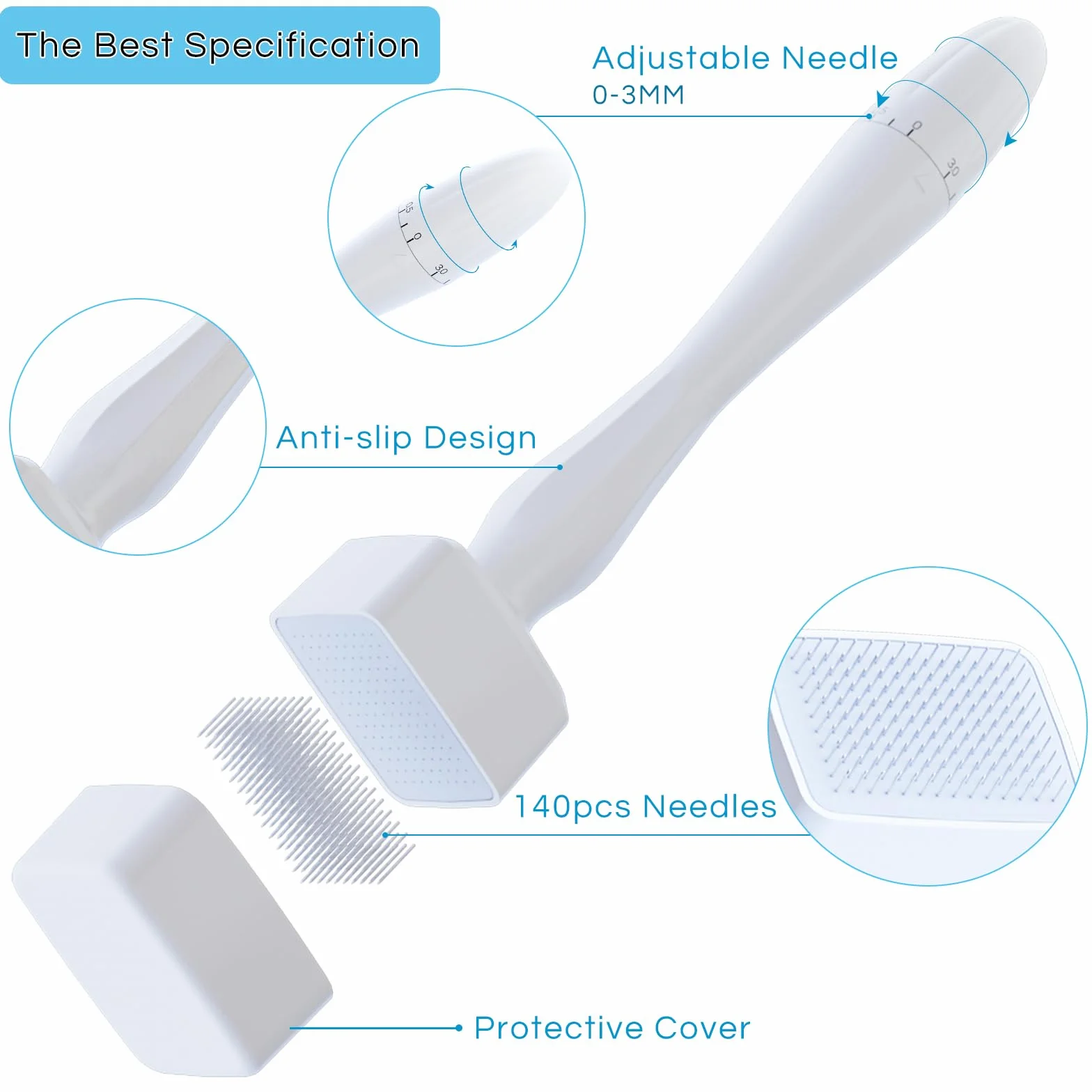 Derma Stamp 0 a 3mm Ajustable para Crecimiento del Cabello y Barba, Microneedling Profesional