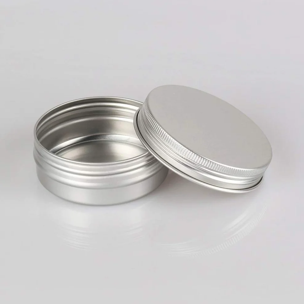 100 piezas 60ml Tarros de hojalata de aluminio de plata redondos vacíos con tapas de tornillo envases de cosméticos ideales para bálsamo labial DIY vela pomada en polvo artesanías incluyendo 3